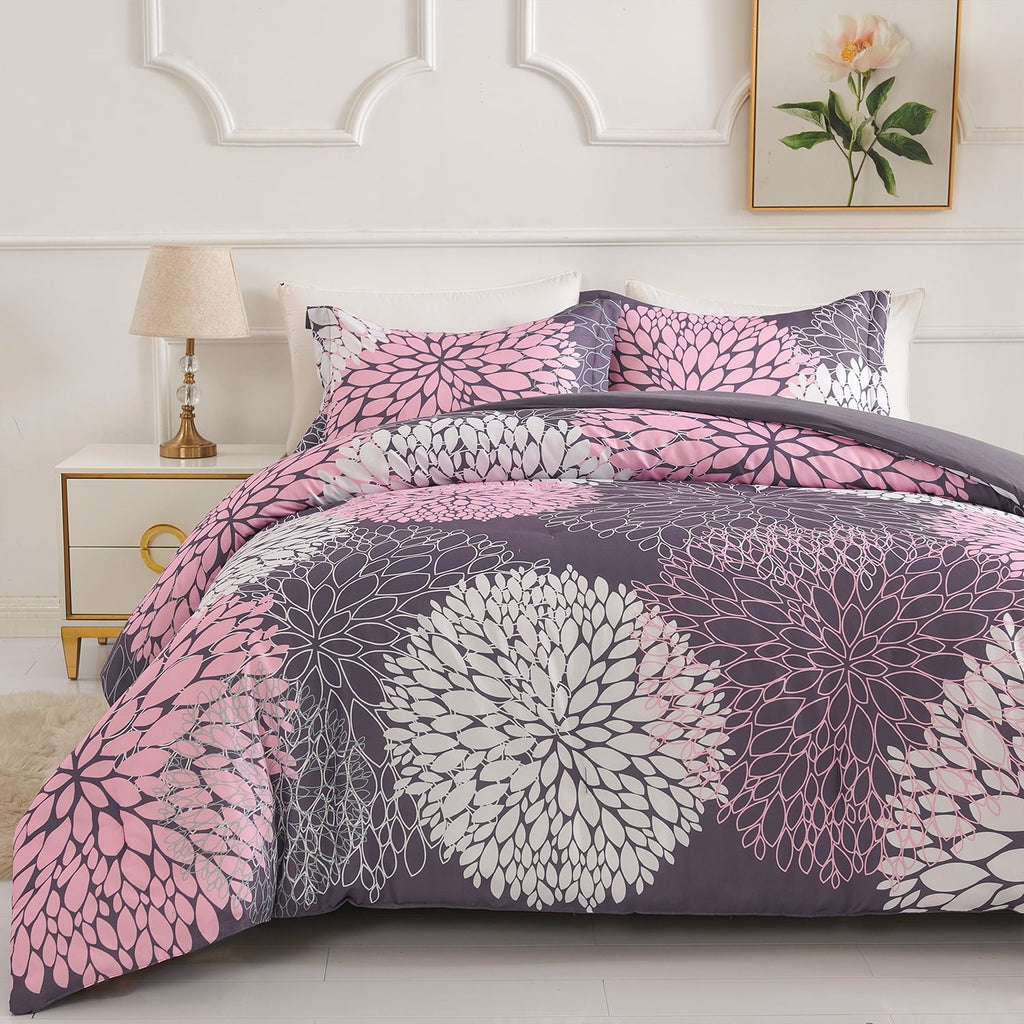 Fluffy Down Alternative 2 Pieces Pink Floral Comforter Set Twin Size, Botanical Bedding Sets with Cute Flowers Printing for Teen Girls - All-Season Down Alternative Comforter Insert Detail