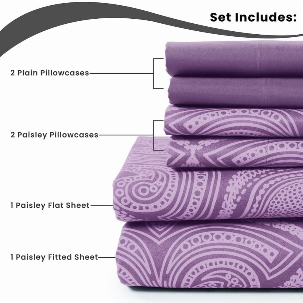 Ultra-Soft Paisley Printed Queen Bed Sheets Set, Microfiber 6 Piece Bedding Set - Purple - Breathable Egyptian Cotton Flat & Fitted Sheets Detail