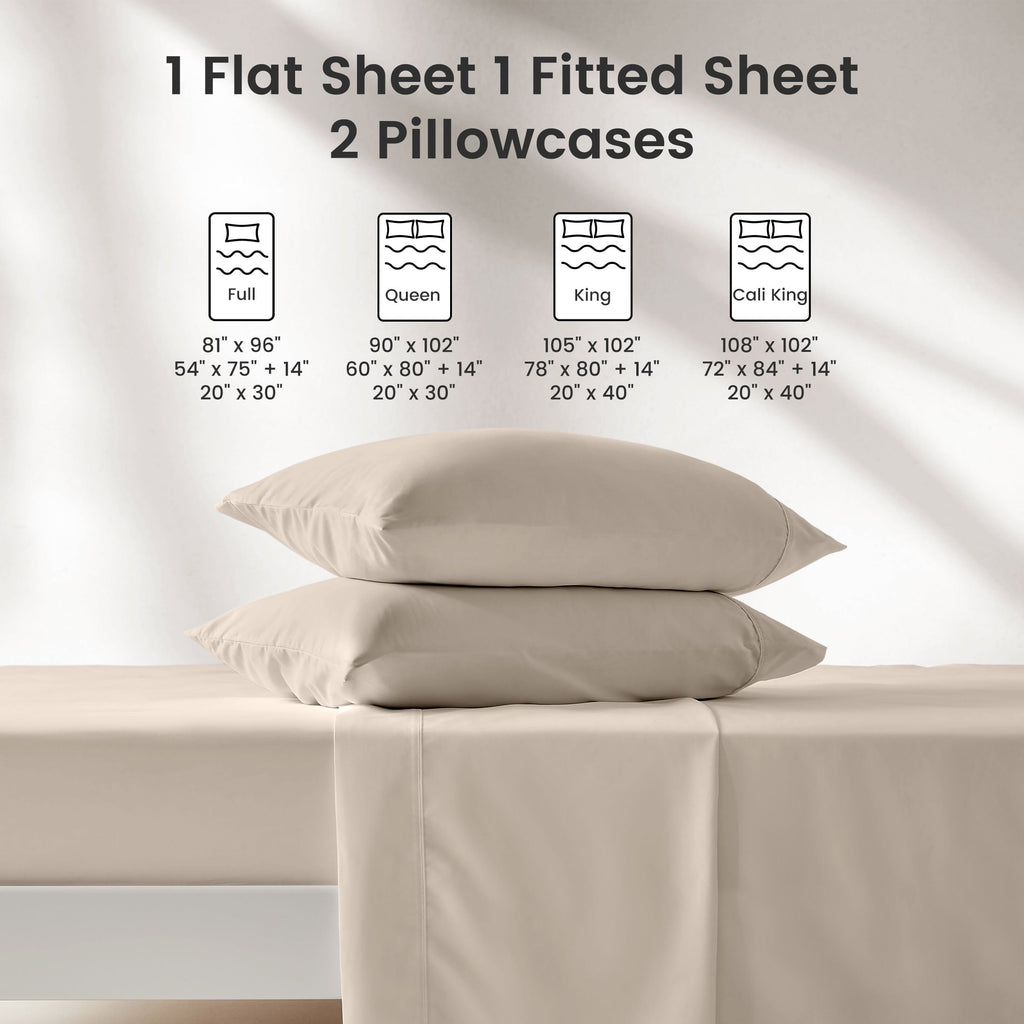 Cooling Sateen Bed Sheet Sets,Ultra Soft Breathable Luxury 4 Piece, (Beige, Queen) - Luxury Bed Sheet Set with Deep Pockets Detail