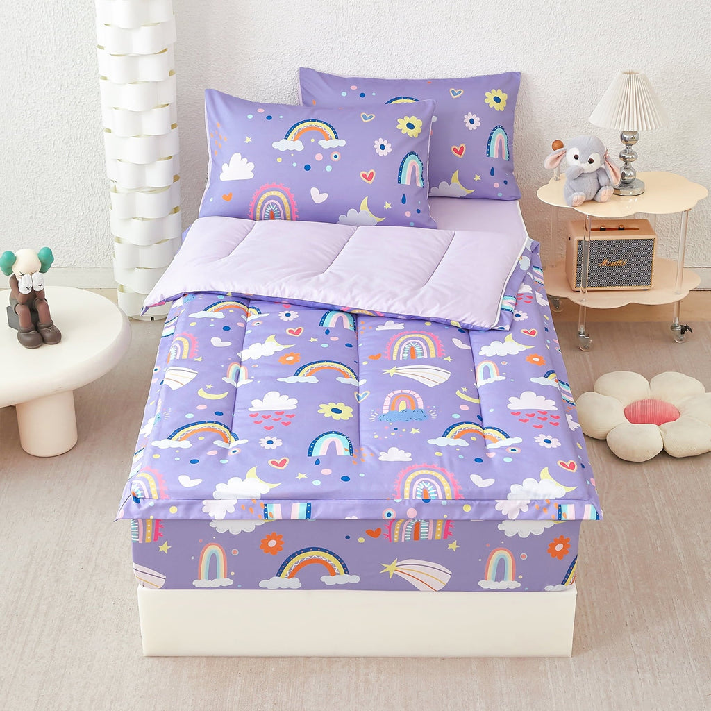 Heavyweight Warmth Zipper Kids Comforter Set, 3-Piece Purple Twin Bed in a Bag, Cartoon Rainbow Stars Flowers Printed Zip Up Comforter S... - Hypoallergenic Ultra-Fluffy Quilt for Winter Detail