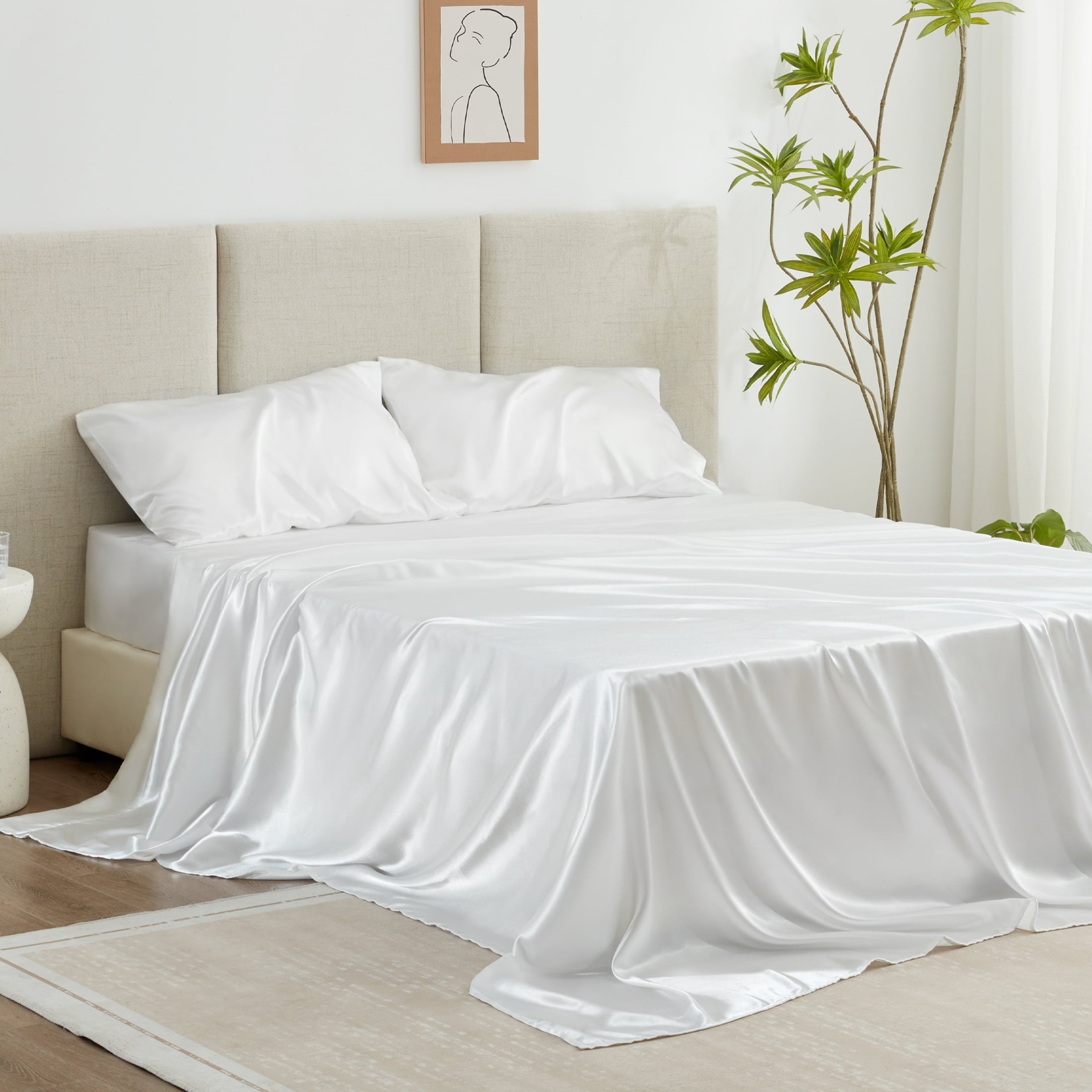 Cooling Sateen Satin Sheets Full Sheet Set Deep Pocket Luxury Silky Bed Sheets for Hair and Skin 4 Pieces, White - Cooling Hotel Quality Bedding Sheets and Pillowcases Detail