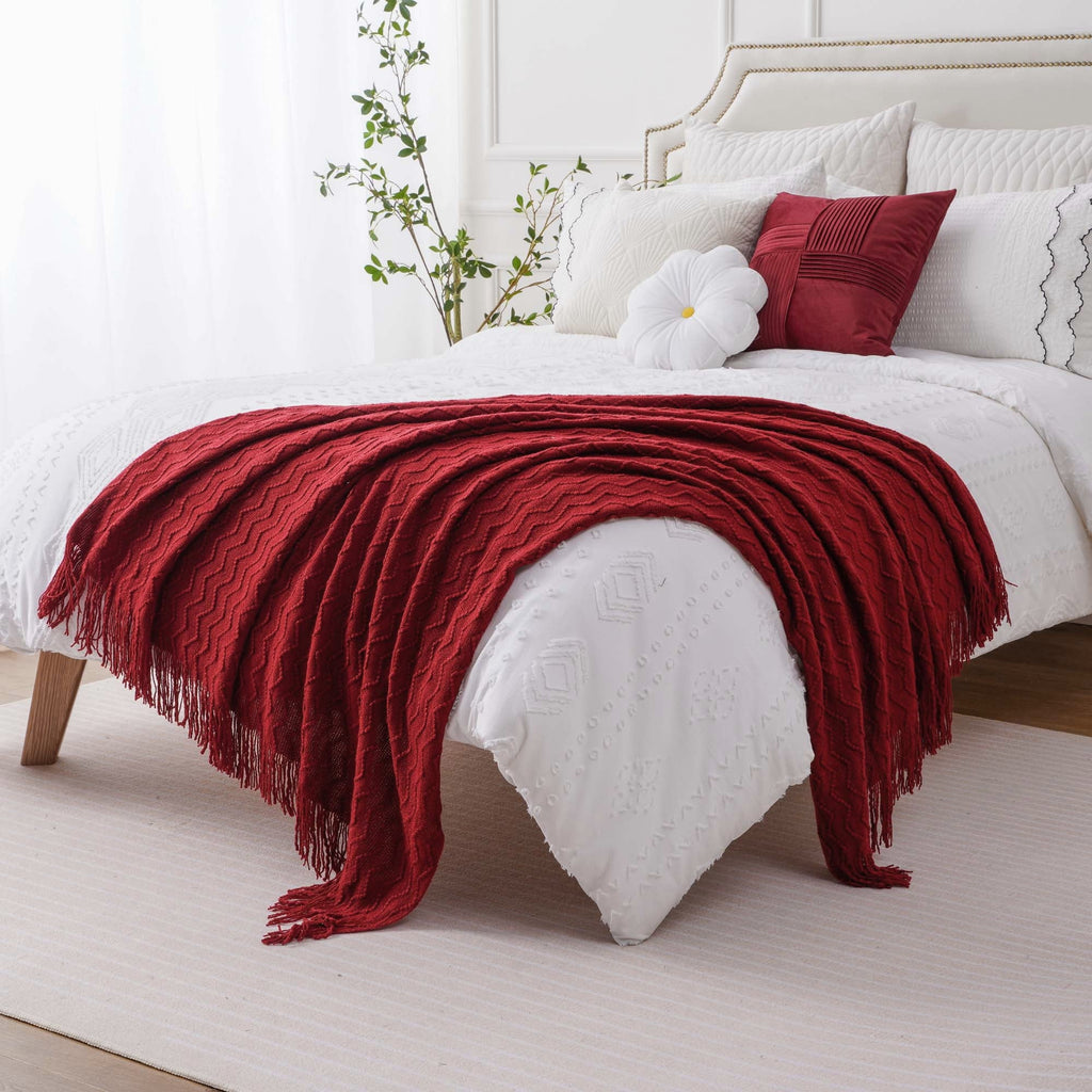Super Soft Flannel Dark Red Blanket for Couch,Burgundy Knit Throw Blanket for Bedroom,Christmas Throw,50"x60" - Luxury Knitted Decorative Throw Blanket with Fringes Detail
