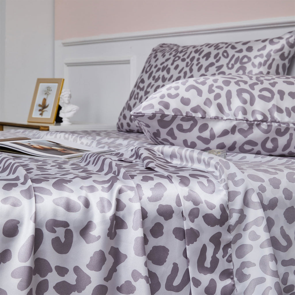 Breathable Luxury Satin Sheets Twin Silk Sheets Silver Leopard Bed Sheet Set Deep Pocket Bed Flat Fitted Sheet, 3-Pieces - Premium Ultra-Soft Pillowcase Pair for Sleeping Detail