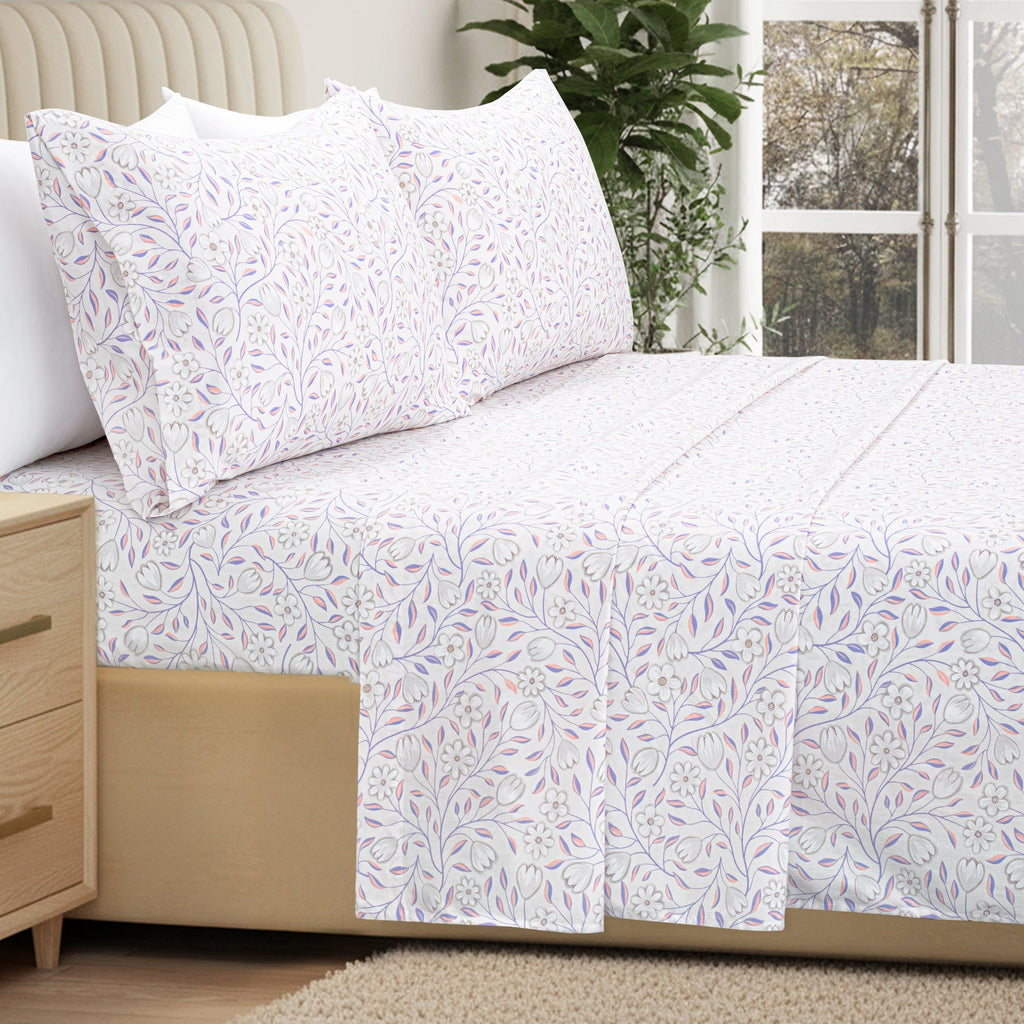 Premium Egyptian Cotton 100% Cotton Full Size Sheets,4 Piece Pure Percale Bed Sheets Set Deep Pocket Fits Mattress Upto 15",floral vine pattern - Premium Ultra-Soft Pillowcase Pair for Sleeping Detail