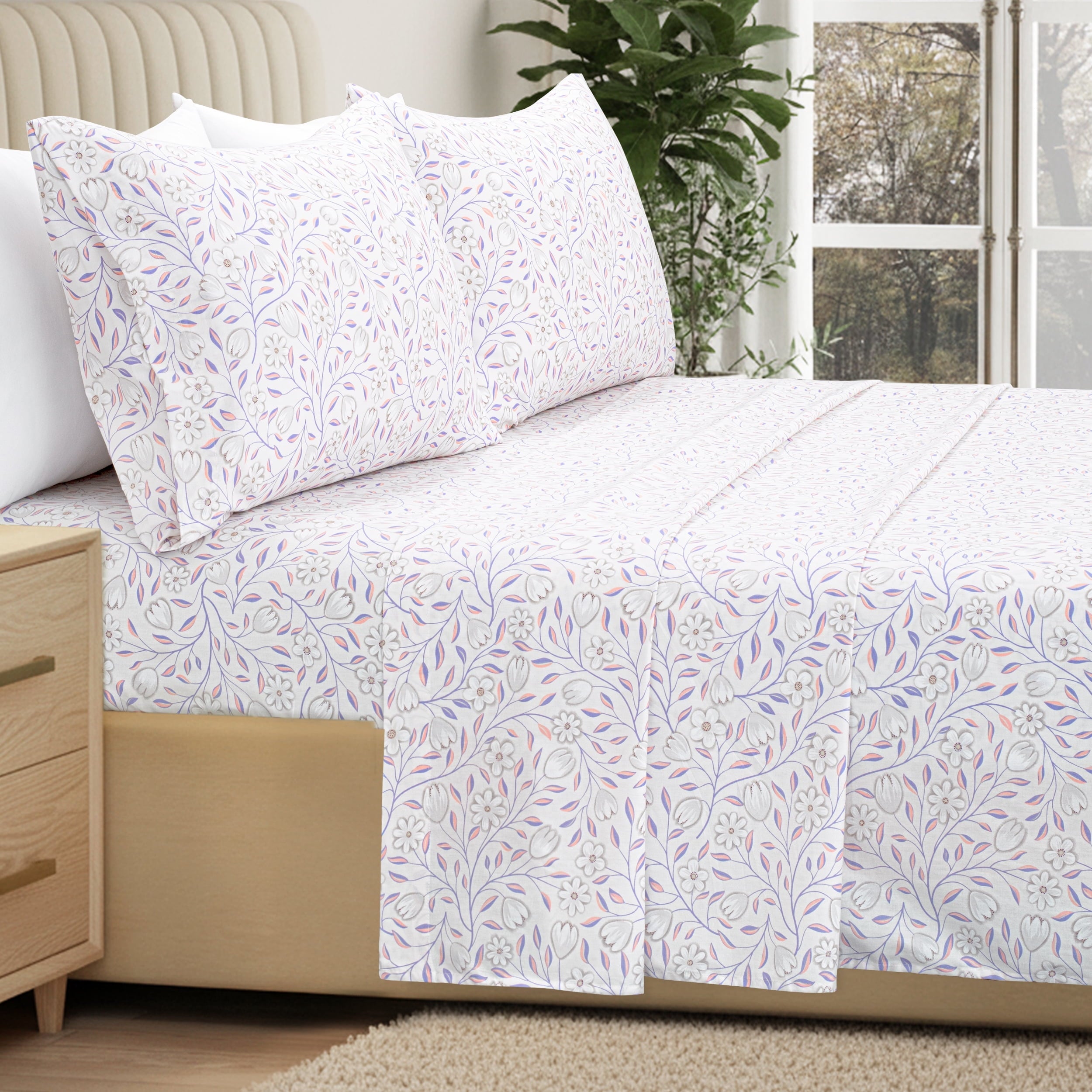Premium Egyptian Cotton 100% Cotton Full Size Sheets,4 Piece Pure Percale Bed Sheets Set Deep Pocket Fits Mattress Upto 15",floral vine pattern - Premium Ultra-Soft Pillowcase Pair for Sleeping Detail