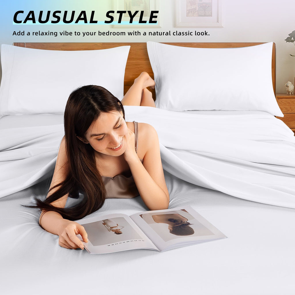 Cooling Sateen Bed Sheets Set, Microfiber Deep Pocket 4 Pieces Luxury Soft Sheet Set, Queen, White - Premium Ultra-Soft Pillowcase Pair for Sleeping Detail