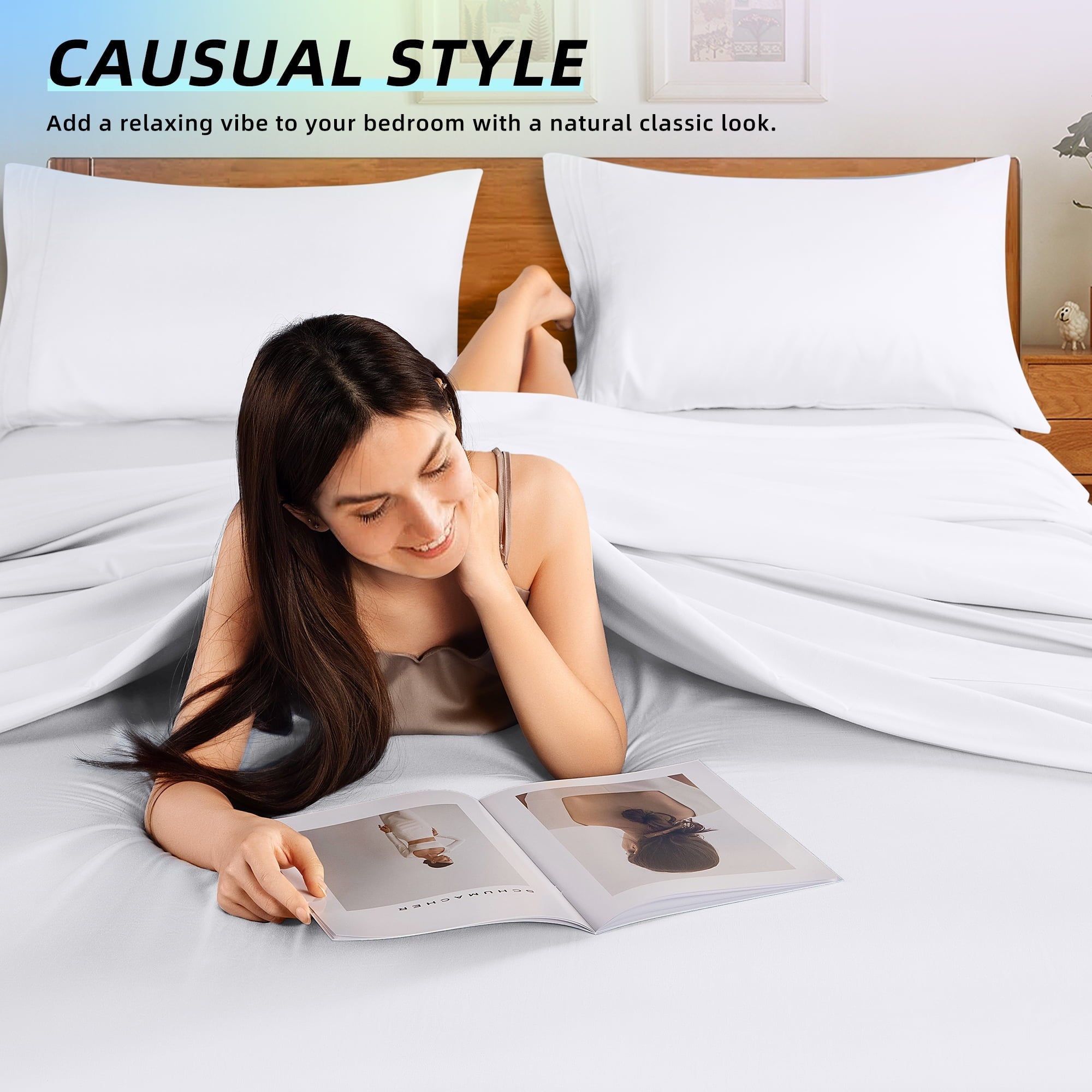 Cooling Sateen Bed Sheets Set, Microfiber Deep Pocket 4 Pieces Luxury Soft Sheet Set, Queen, White - Premium Ultra-Soft Pillowcase Pair for Sleeping Detail