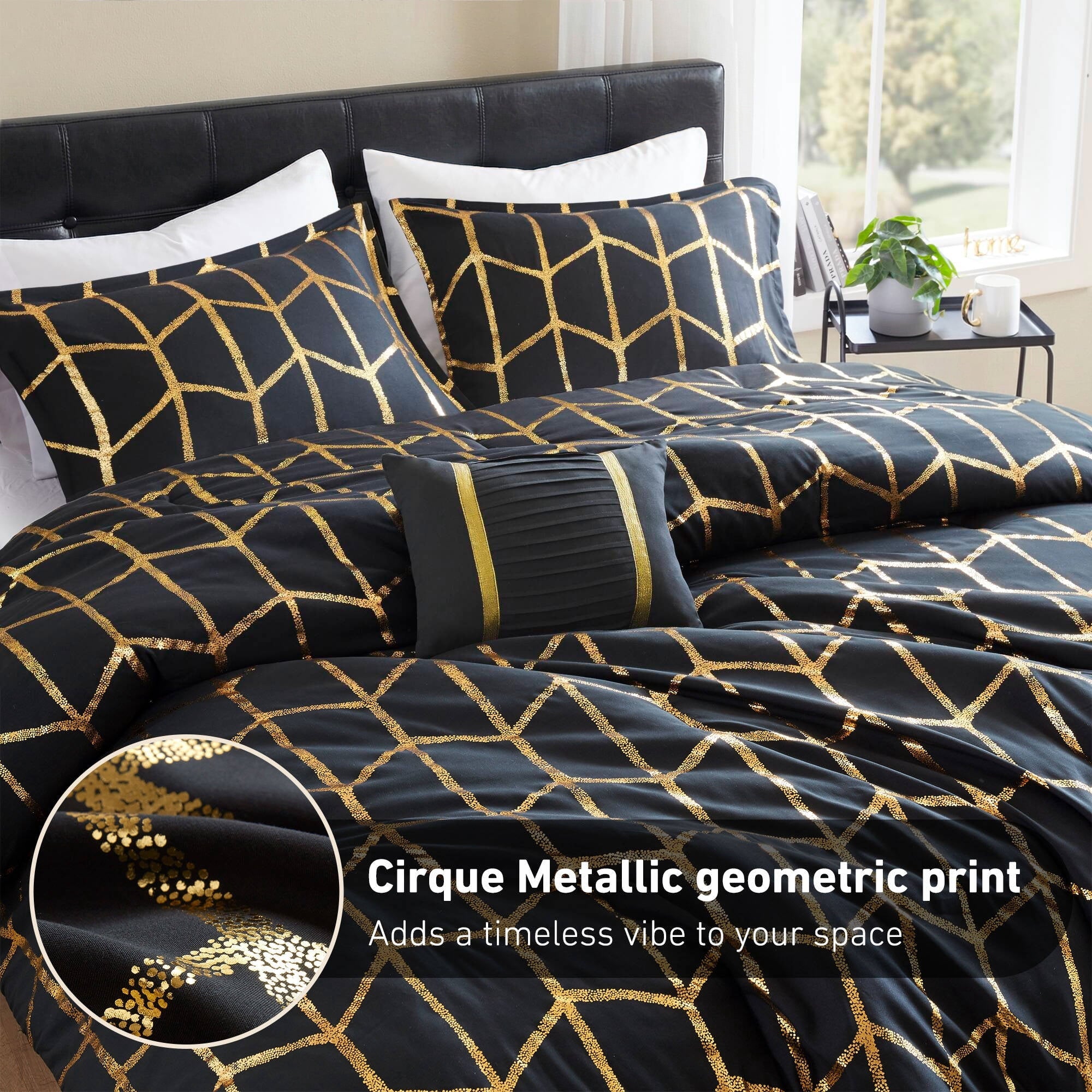 All-Season Full/Queen Size Comforter Set, 4-Piece Bedding Set for All Seasons, Geometric Metallic Comforter Bed Set with Decor P... - Cloud-Like Soft Lightweight Bed Comforter Detail