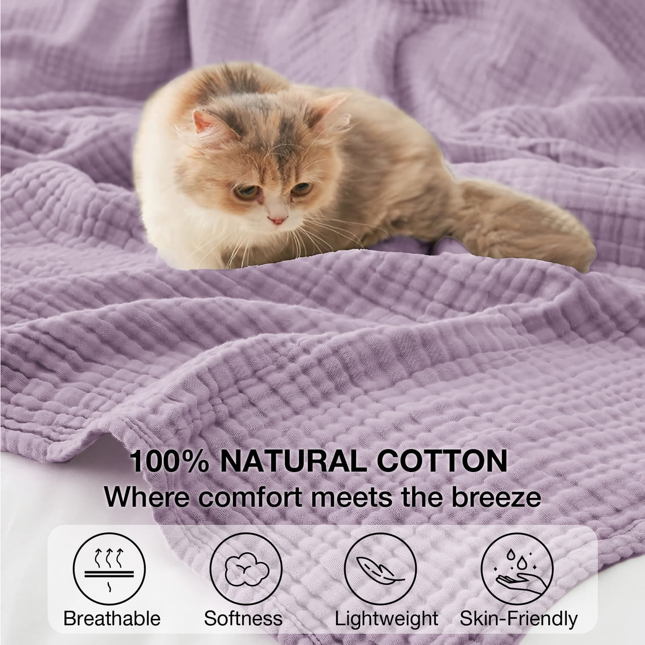 Lightweight Warm 100% Cotton Muslin Blanket Large 50" x 70", 6 Layers Lightweight and Breathable Throw Blankets for Couch, Soft Coolin... - Cozy Fleece Throw Blanket for Couch & Bed Detail