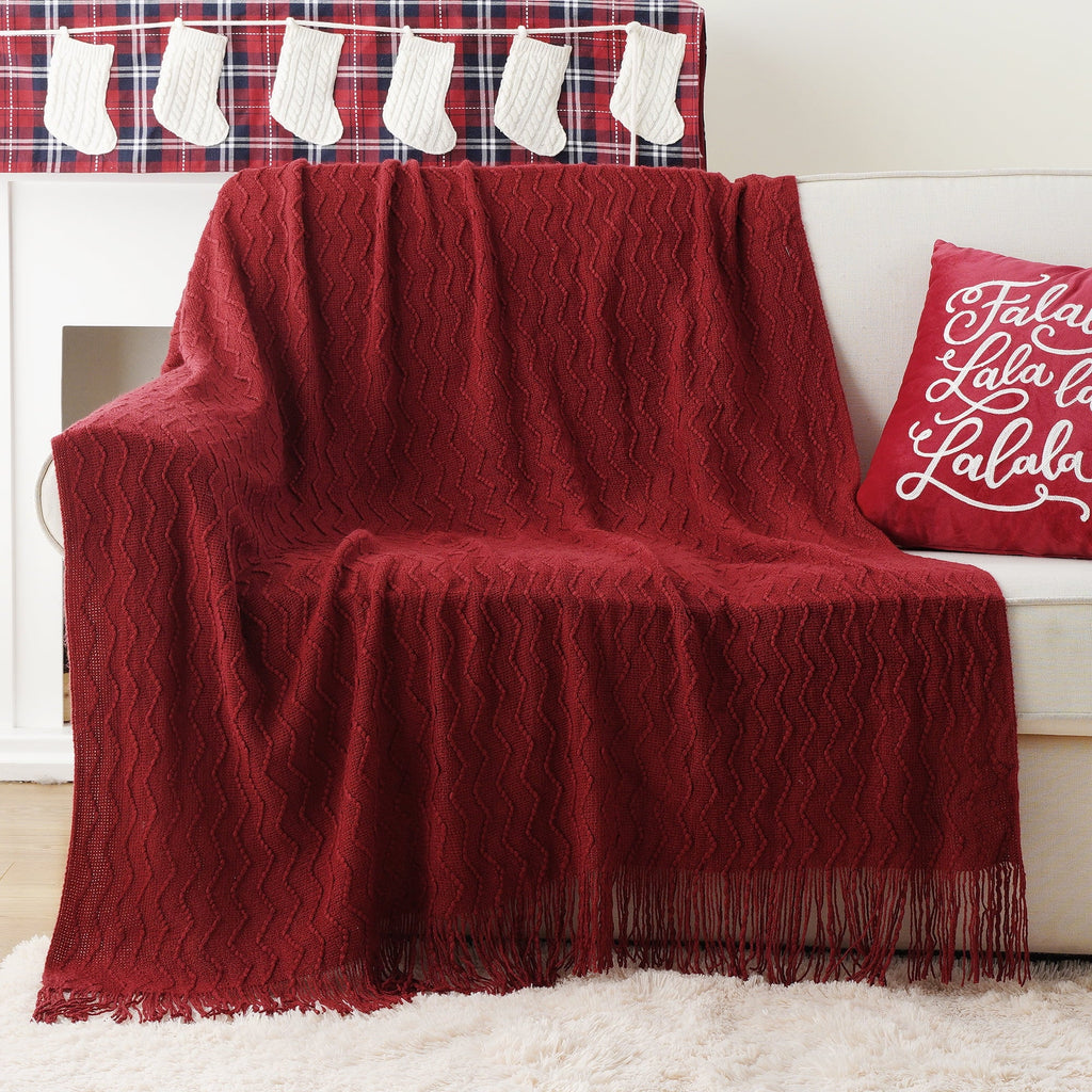 Super Soft Flannel Dark Red Blanket for Couch,Burgundy Knit Throw Blanket for Bedroom,Christmas Throw,50"x60" - Luxury Knitted Decorative Throw Blanket with Fringes Detail