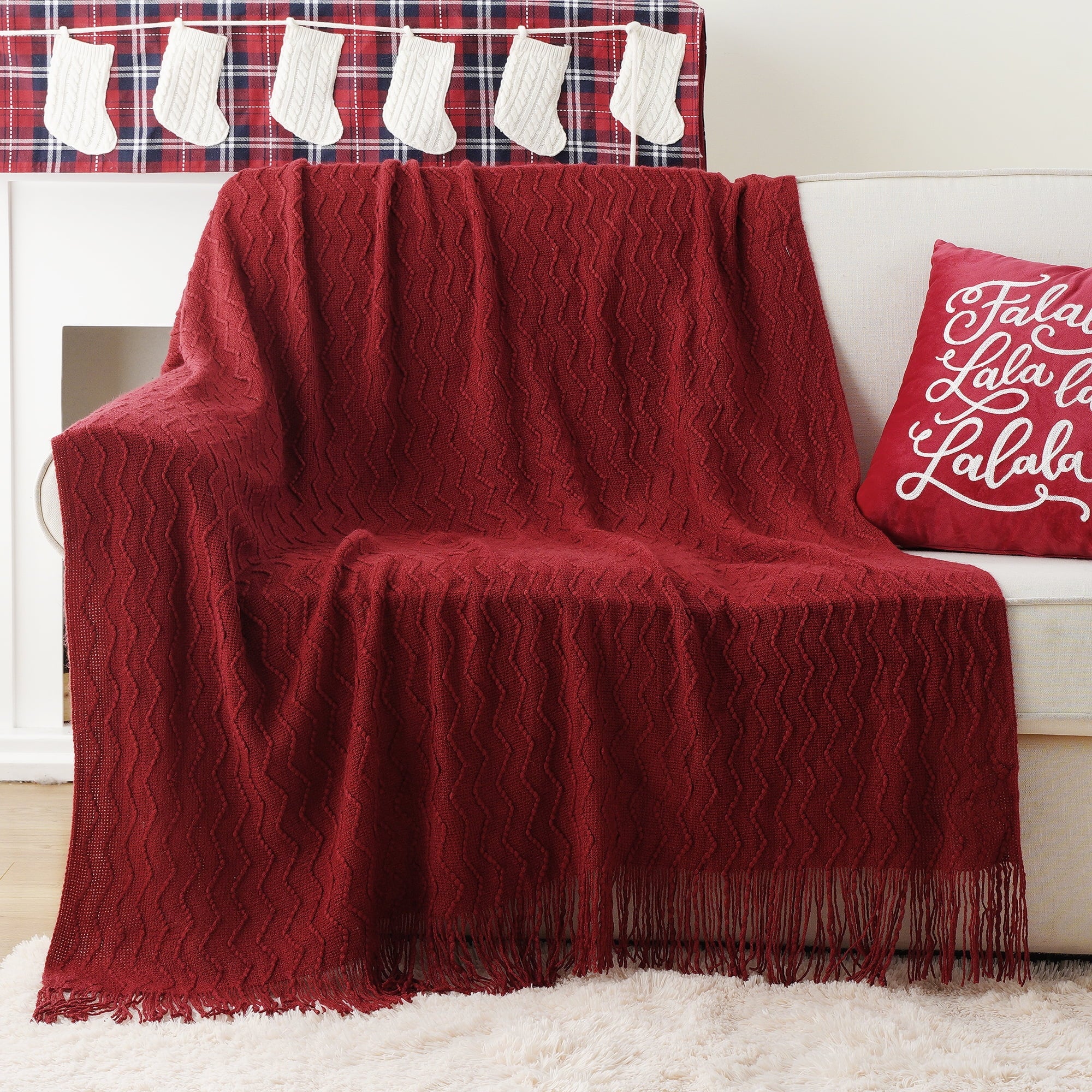 Super Soft Flannel Dark Red Blanket for Couch,Burgundy Knit Throw Blanket for Bedroom,Christmas Throw,50"x60" - Luxury Knitted Decorative Throw Blanket with Fringes Detail
