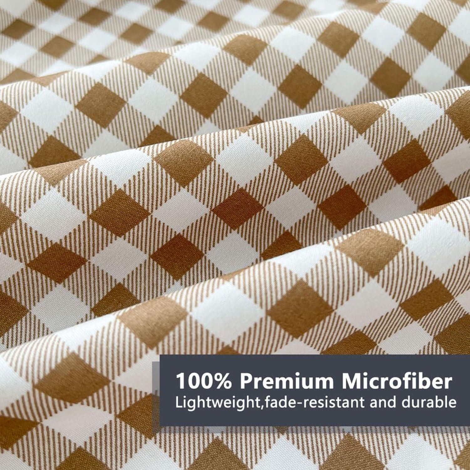 Wrinkle-Resistant Sheet Set, Soft Brushed Microfiber Taupe Plaid Sheets, 4-Piece Brown Grid Set with Deep Pocket - Breathable Egyptian Cotton Flat & Fitted Sheets Detail