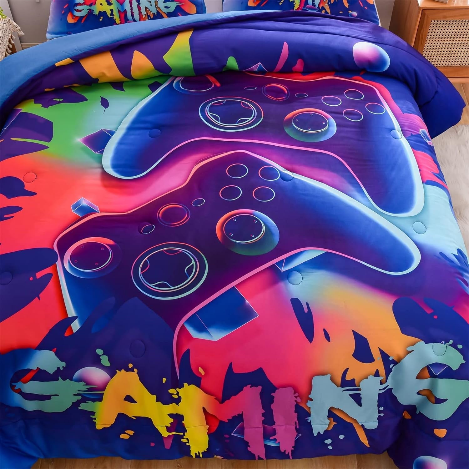 Luxurious Quilted Purple Queen Gaming Comforter Sets for Boys Kids Bedding Sets Colorful Games Console Gamer Quilt Set - Hypoallergenic Ultra-Fluffy Quilt for Winter Detail