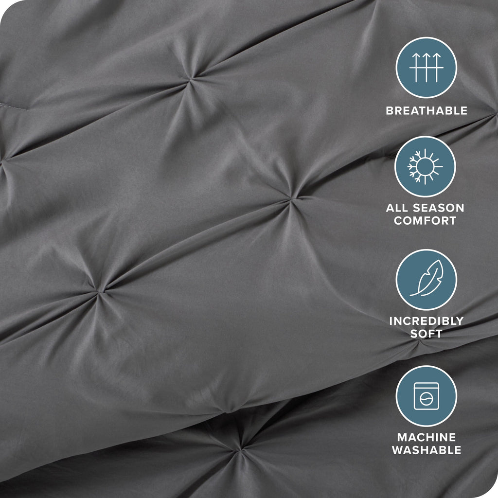 Luxurious Quilted Pintuck Down Alternative Comforter Set - 3-Pieces - All Seasons - King, Grey - Hypoallergenic Ultra-Fluffy Quilt for Winter Detail