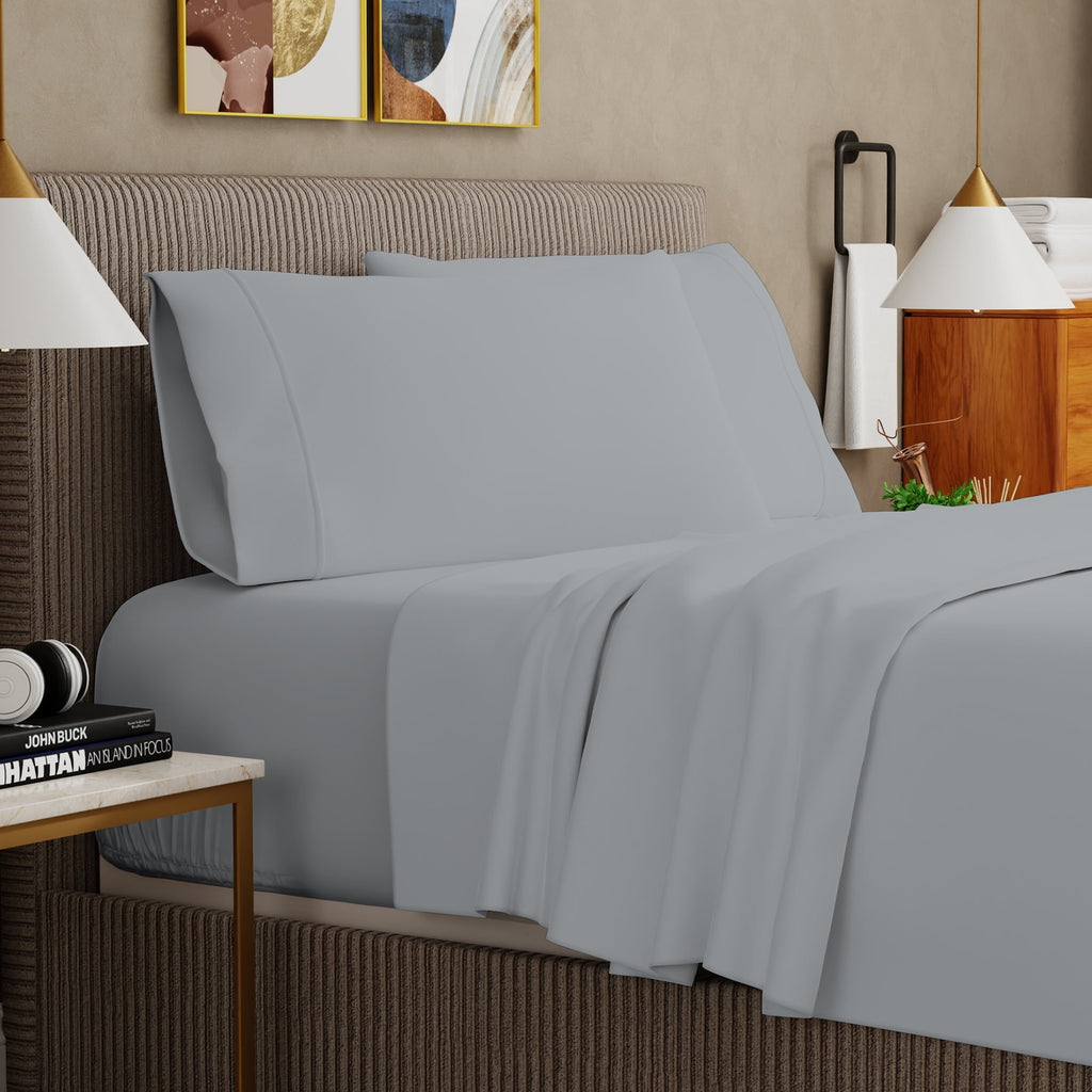 Wrinkle-Resistant Soft Finish Microfiber Percale Queen Bed Sheet Set – 4-Piece Lightweight, Wrinkle-Resistant, Quick-Dry, Light Gray - Luxury Bed Sheet Set with Deep Pockets Detail