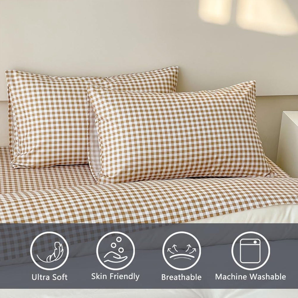 Wrinkle-Resistant Sheet Set, Soft Brushed Microfiber Taupe Plaid Sheets, 4-Piece Brown Grid Set with Deep Pocket - Breathable Egyptian Cotton Flat & Fitted Sheets Detail