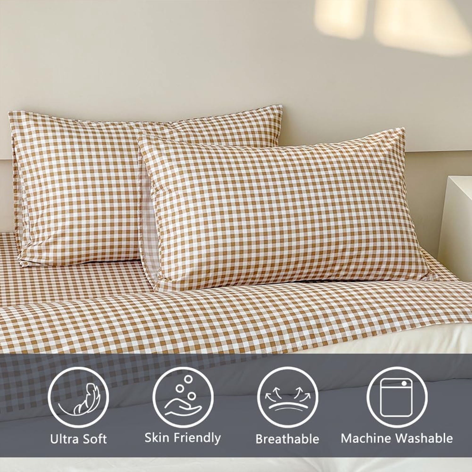 Wrinkle-Resistant Sheet Set, Soft Brushed Microfiber Taupe Plaid Sheets, 4-Piece Brown Grid Set with Deep Pocket - Breathable Egyptian Cotton Flat & Fitted Sheets Detail