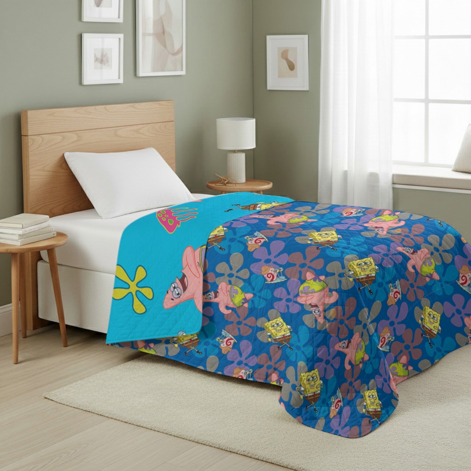 Super Soft Flannel Spongebob Tropical Waltz Quilted Throw Blanket 60x80 inches, Kids Character Bedding - Cozy Fleece Throw Blanket for Couch & Bed Detail