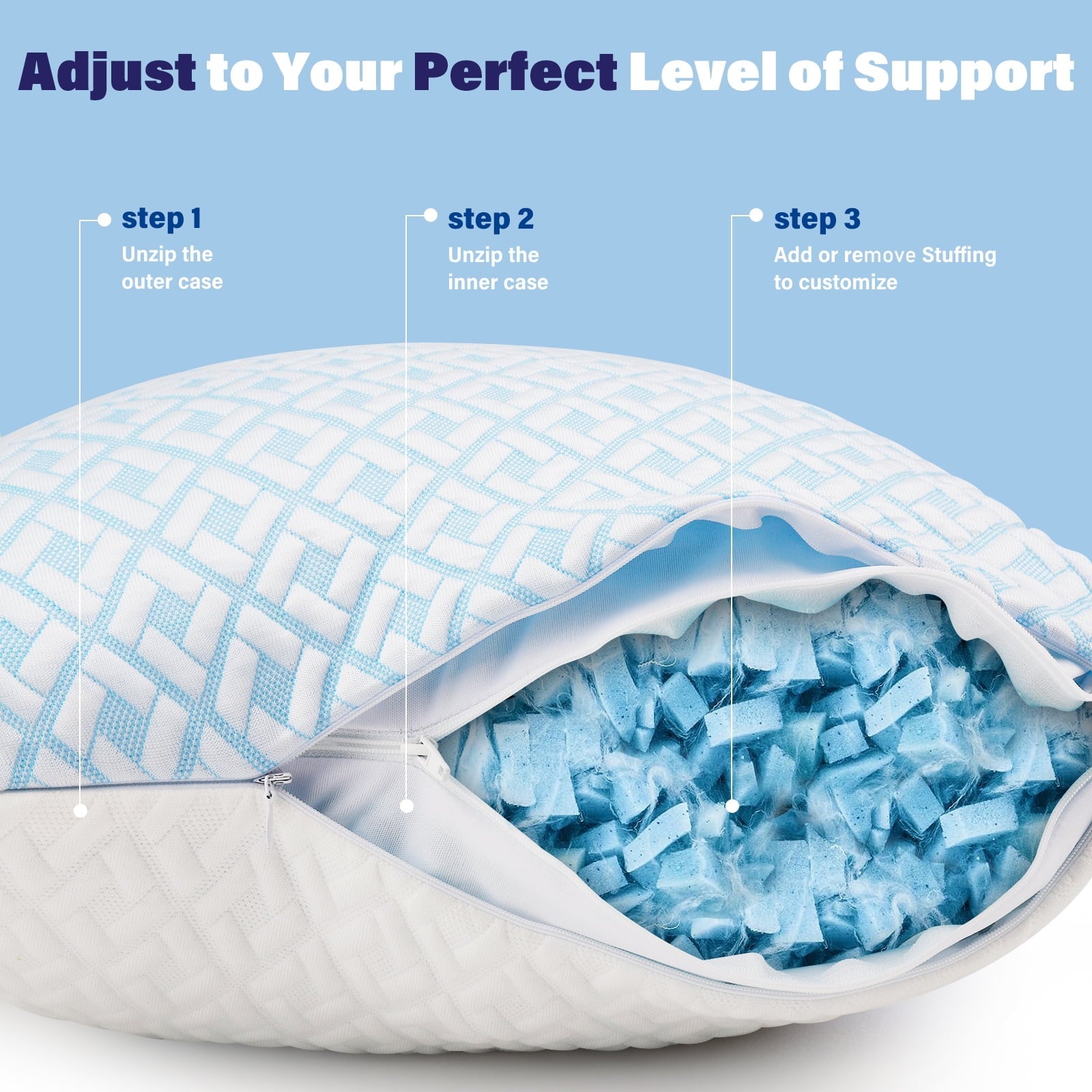 Fluffy Shredded Cooling Bed Pillows for Sleeping Shredded Memory Foam Pillows Queen Size Set of 2 Pack - Hotel Quality Plush Sleeping Pillows Detail