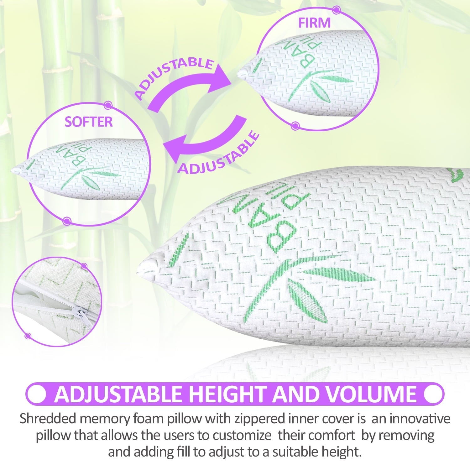 Hotel Collection King Size Bamboo Pillow, Memory Foam Bed Pillows with Washable Pillowcases, King - Hotel Quality Plush Sleeping Pillows Detail