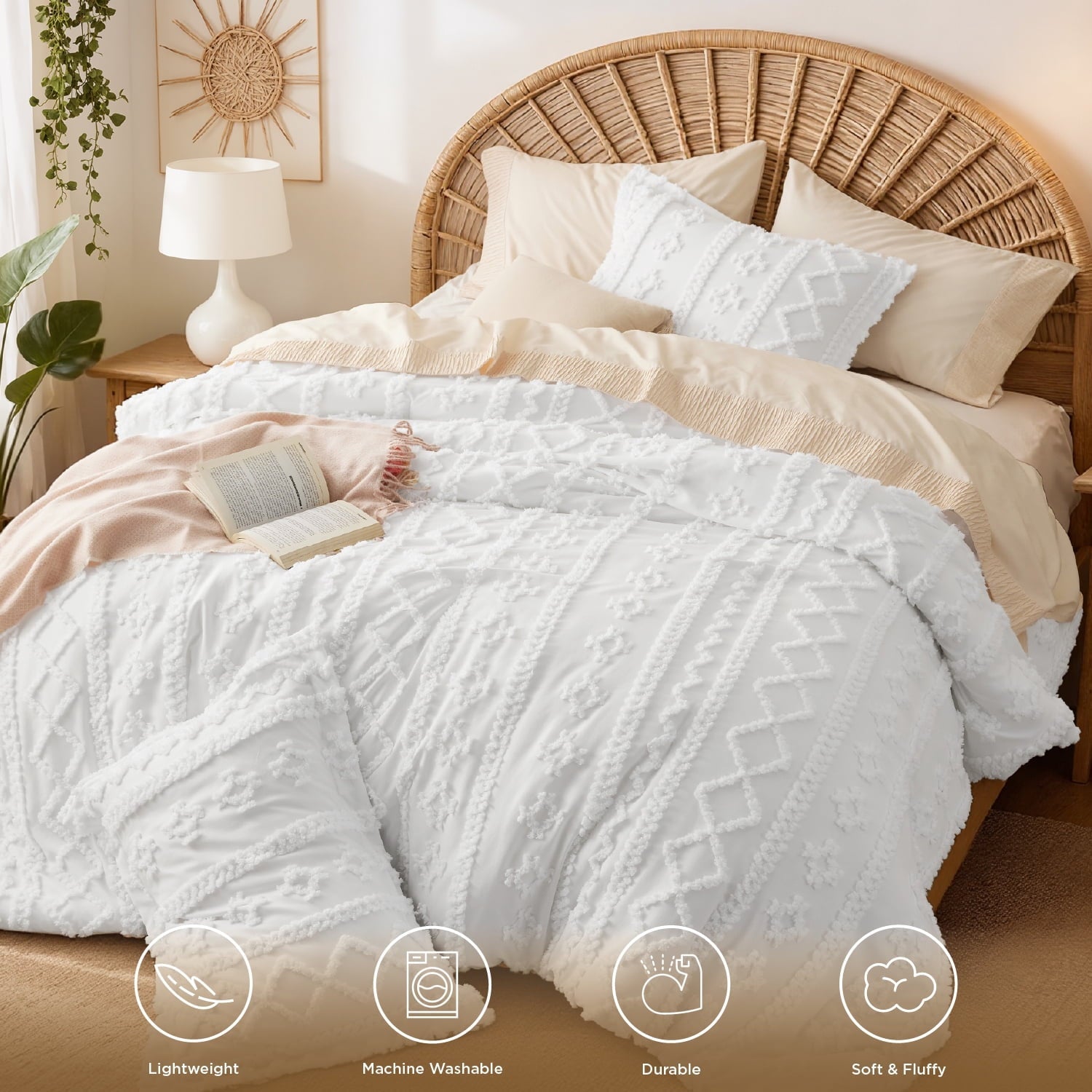 Luxurious Quilted Tufted Boho Comforter Set, 2 Pieces Farmhouse Shabby Chic Embroidery Bed Set, Soft Jacquard Comforter for All Seasons... - All-Season Down Alternative Comforter Insert Detail