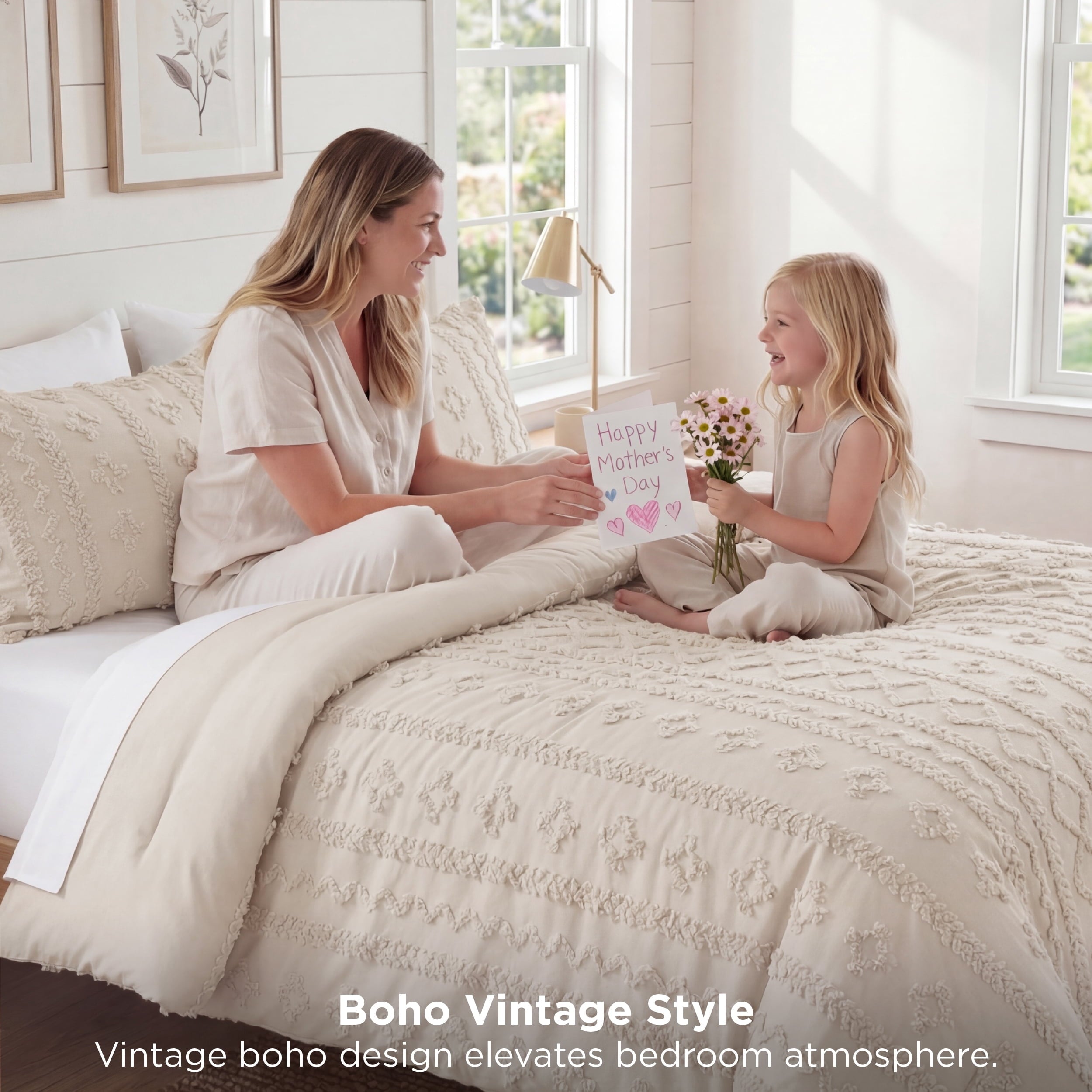 Heavyweight Warmth Tufted Boho Comforter Set Queen, Beige, 3 Pieces Farmhouse Shabby Chic Embroidery Bedding Set, Soft Jacquard Comforte... - All-Season Down Alternative Comforter Insert Detail