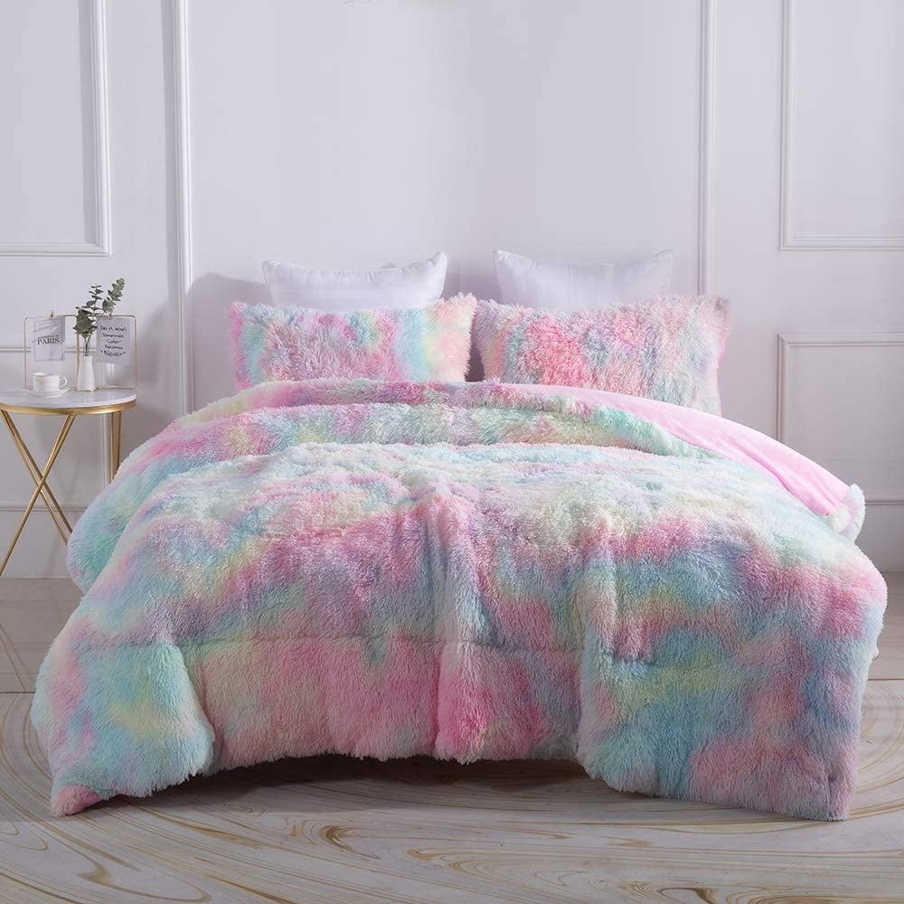 All-Season Plush Shaggy Comforter Set Fluffy Fuzzy Faux Fur Bedding Set - Microfiber Soft Warm Quilt Set(Rainbow Pink,Queen Size) - Cloud-Like Soft Lightweight Bed Comforter Detail