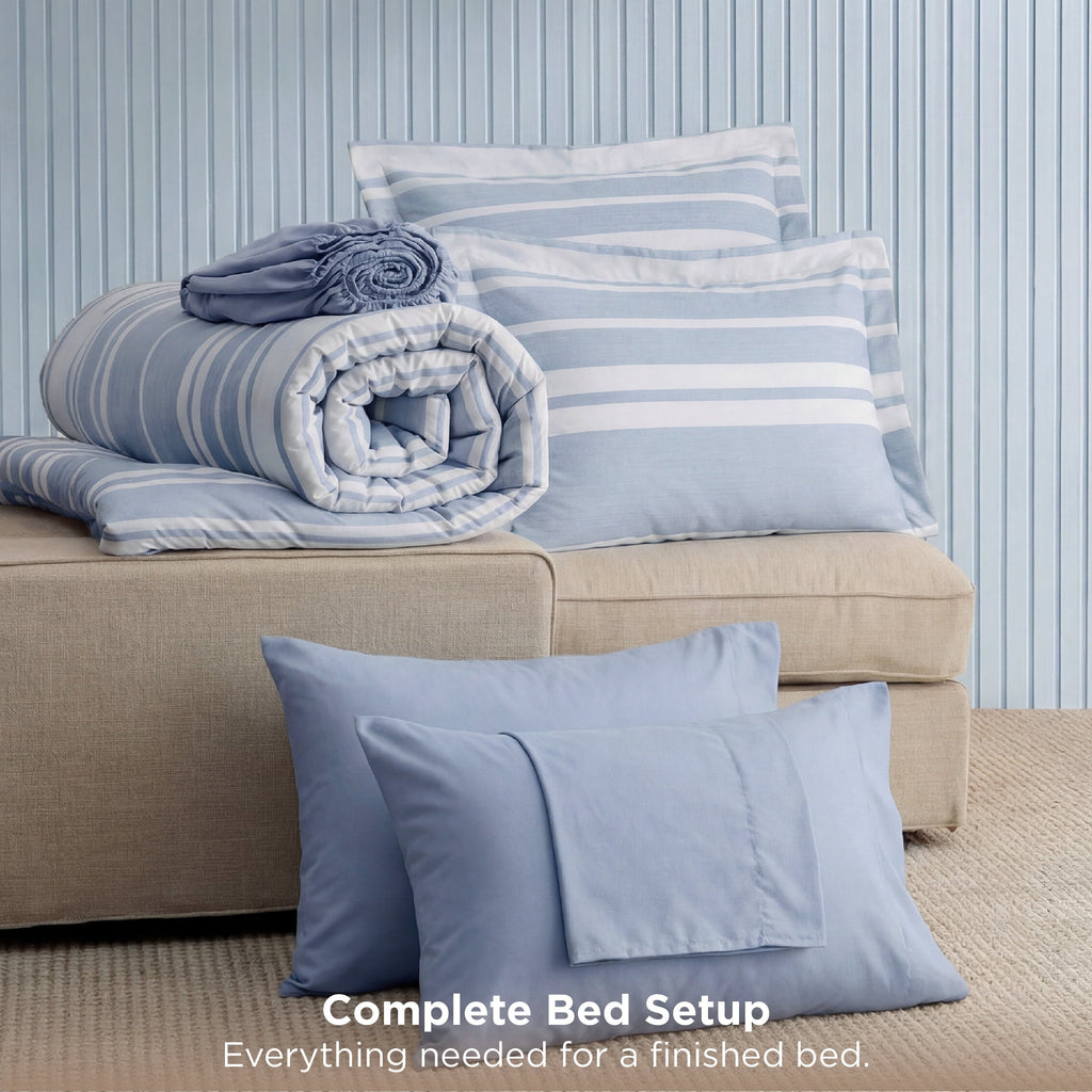 Heavyweight Warmth Queen Comforter Set Blue, Bed in a Bag Queen Size Bedding 7-Pieces, Striped Bedding Set for All Seasons - All-Season Down Alternative Comforter Insert Detail