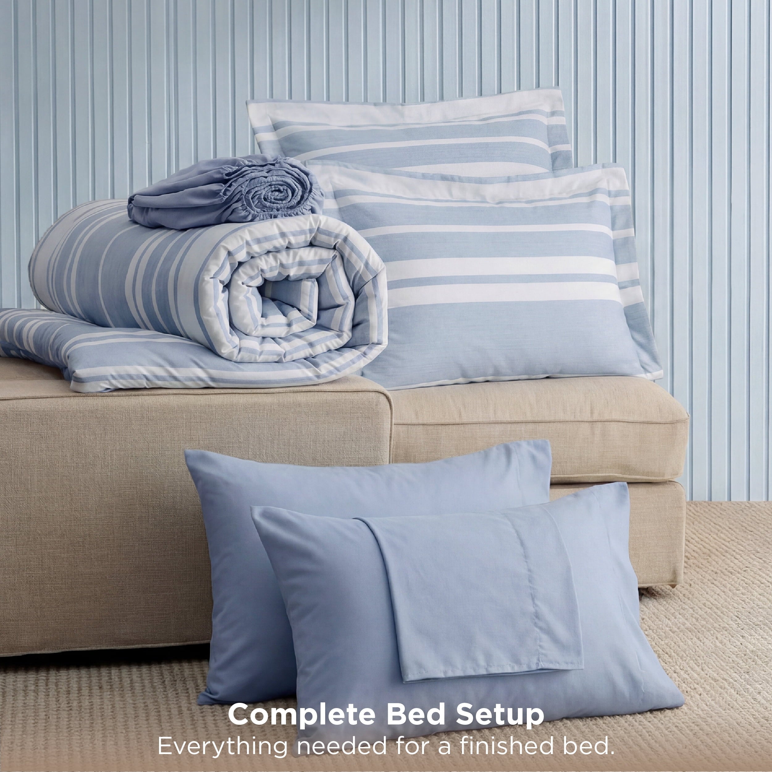 Heavyweight Warmth Queen Comforter Set Blue, Bed in a Bag Queen Size Bedding 7-Pieces, Striped Bedding Set for All Seasons - All-Season Down Alternative Comforter Insert Detail