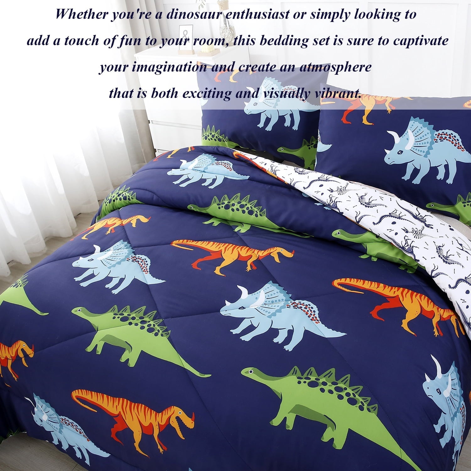 Hypoallergenic Cloud 3 Pcs Dinosaur Twin Size Bedding Sets for Boys, Dinosaur Printing Boys Comforter Set, Blue and White Reversible Bed C... - Cloud-Like Soft Lightweight Bed Comforter Detail