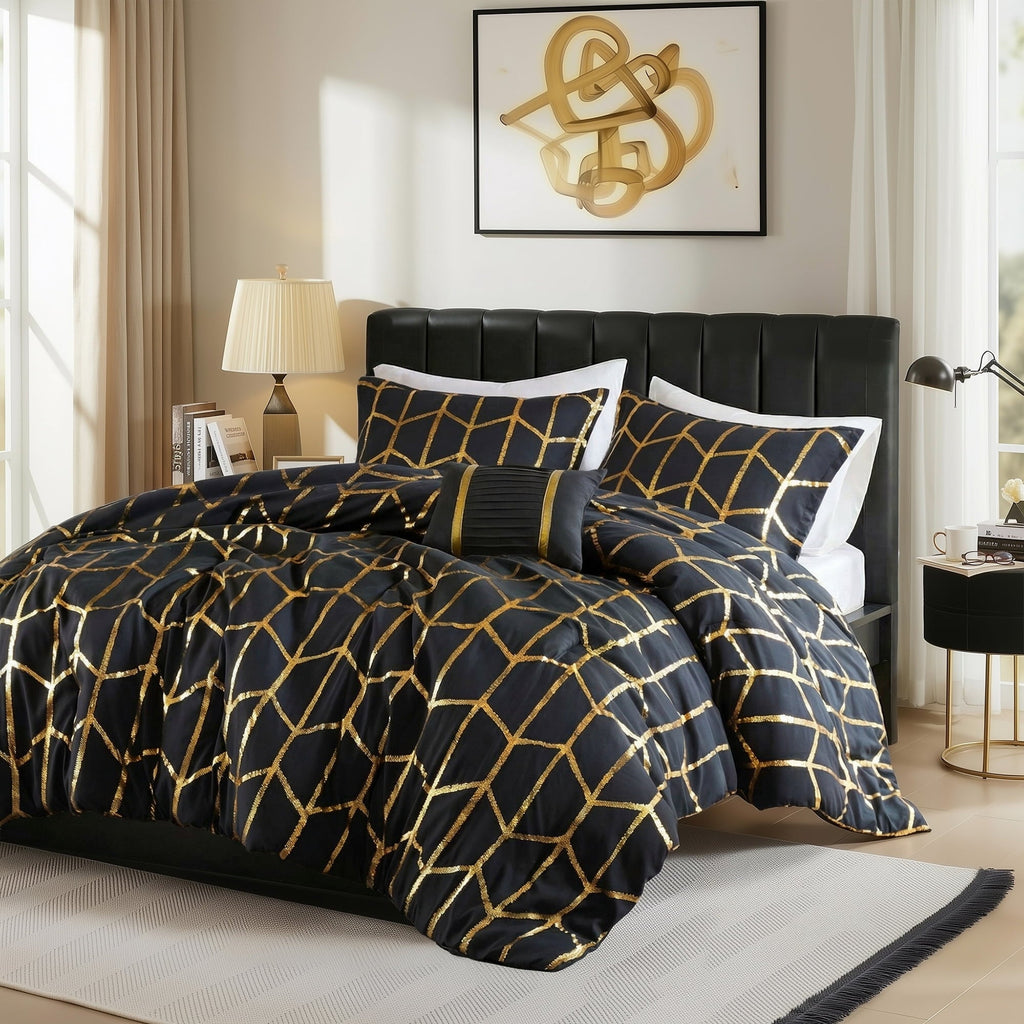 All-Season Full/Queen Size Comforter Set, 4-Piece Bedding Set for All Seasons, Geometric Metallic Comforter Bed Set with Decor P... - Cloud-Like Soft Lightweight Bed Comforter Detail