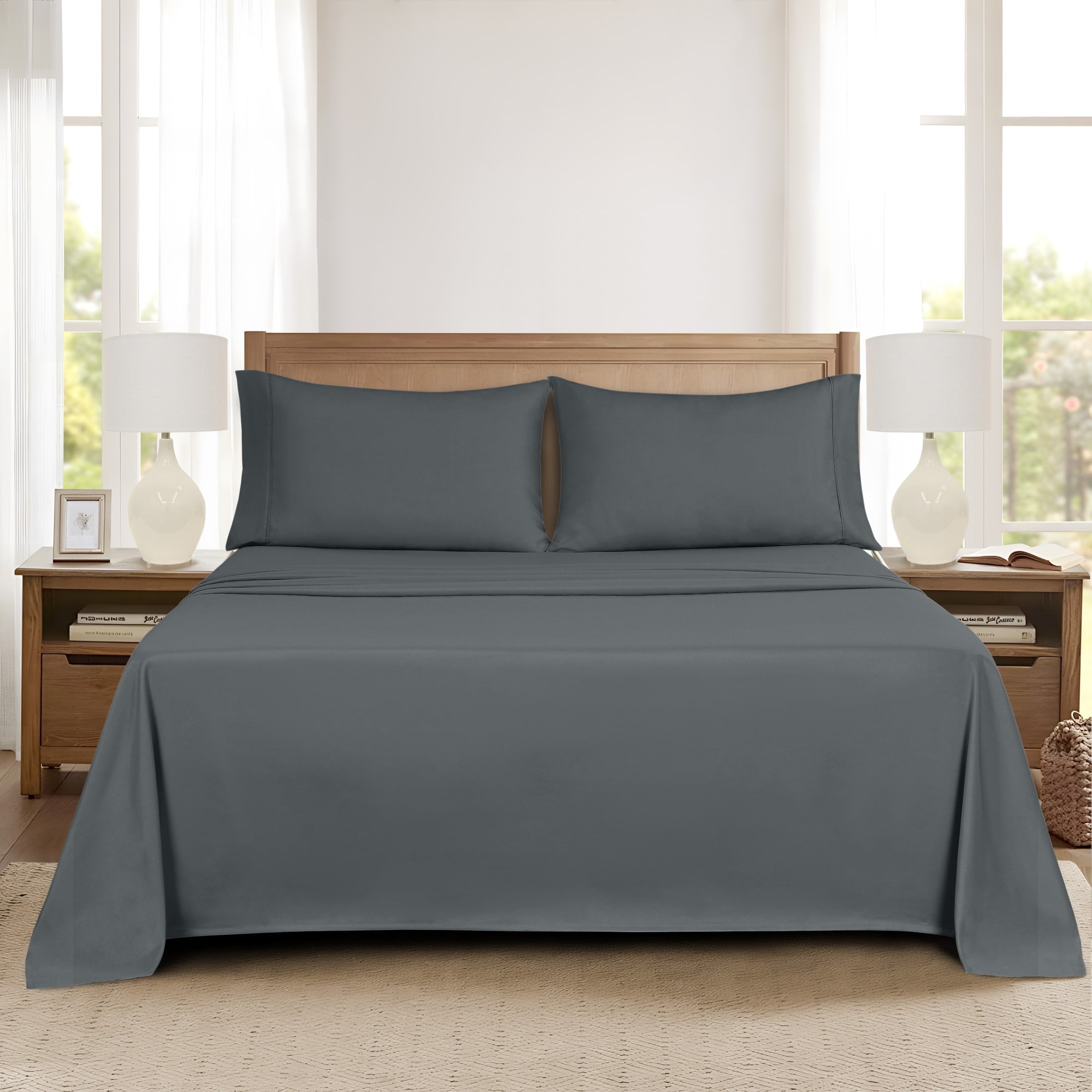 Wrinkle-Resistant Super Soft Brushed Microfiber Bed Sheet Set, Soothing Gray, Queen, 4 Piece - Luxury Bed Sheet Set with Deep Pockets Detail