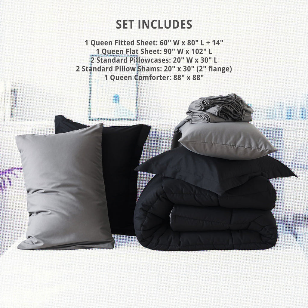 Luxurious Quilted Queen Size 7 Piece Comforter Set | Bed in a Bag for Unisex Adult | Black/Gray - Luxurious Quilted Duvet Cover Set Detail