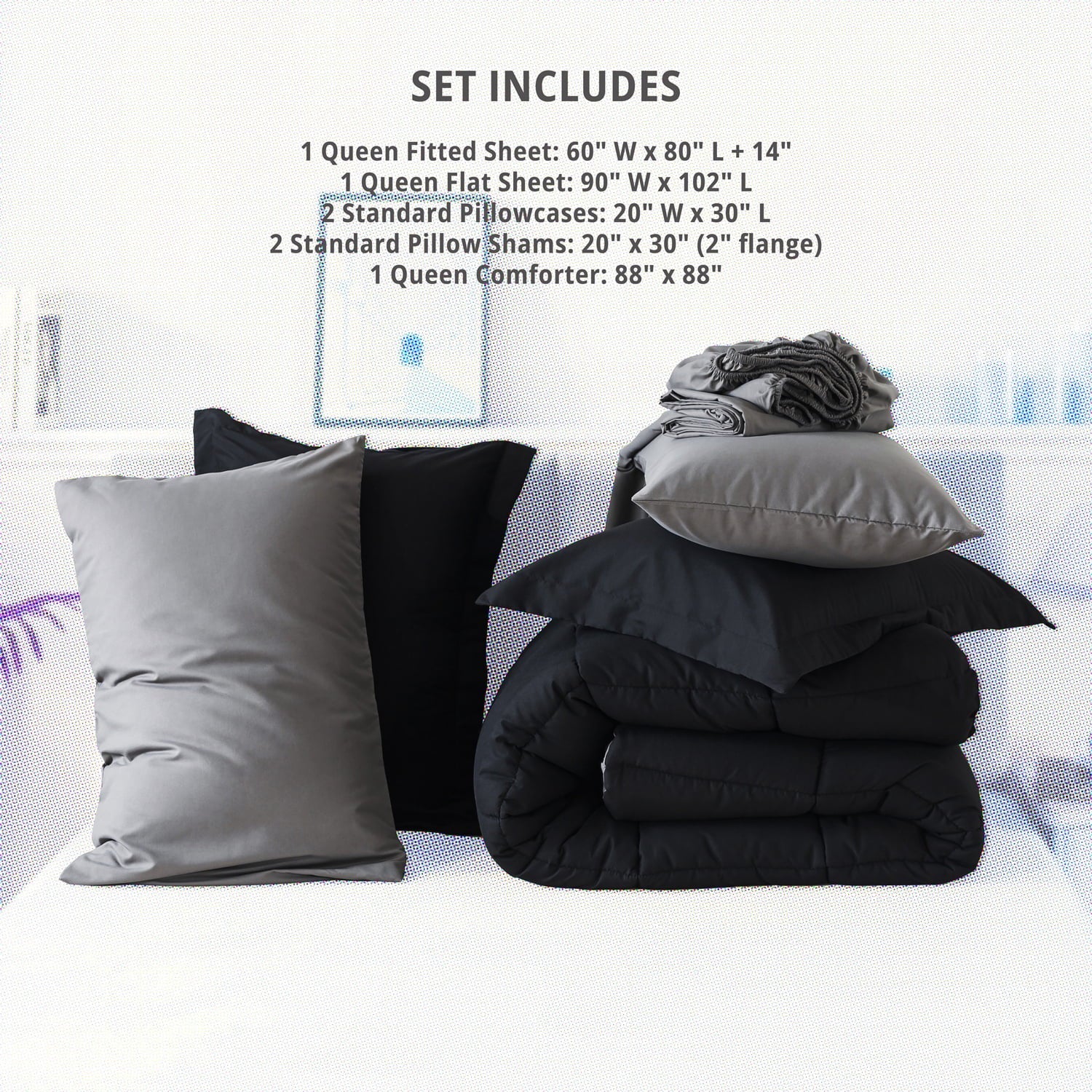 Luxurious Quilted Queen Size 7 Piece Comforter Set | Bed in a Bag for Unisex Adult | Black/Gray - Luxurious Quilted Duvet Cover Set Detail