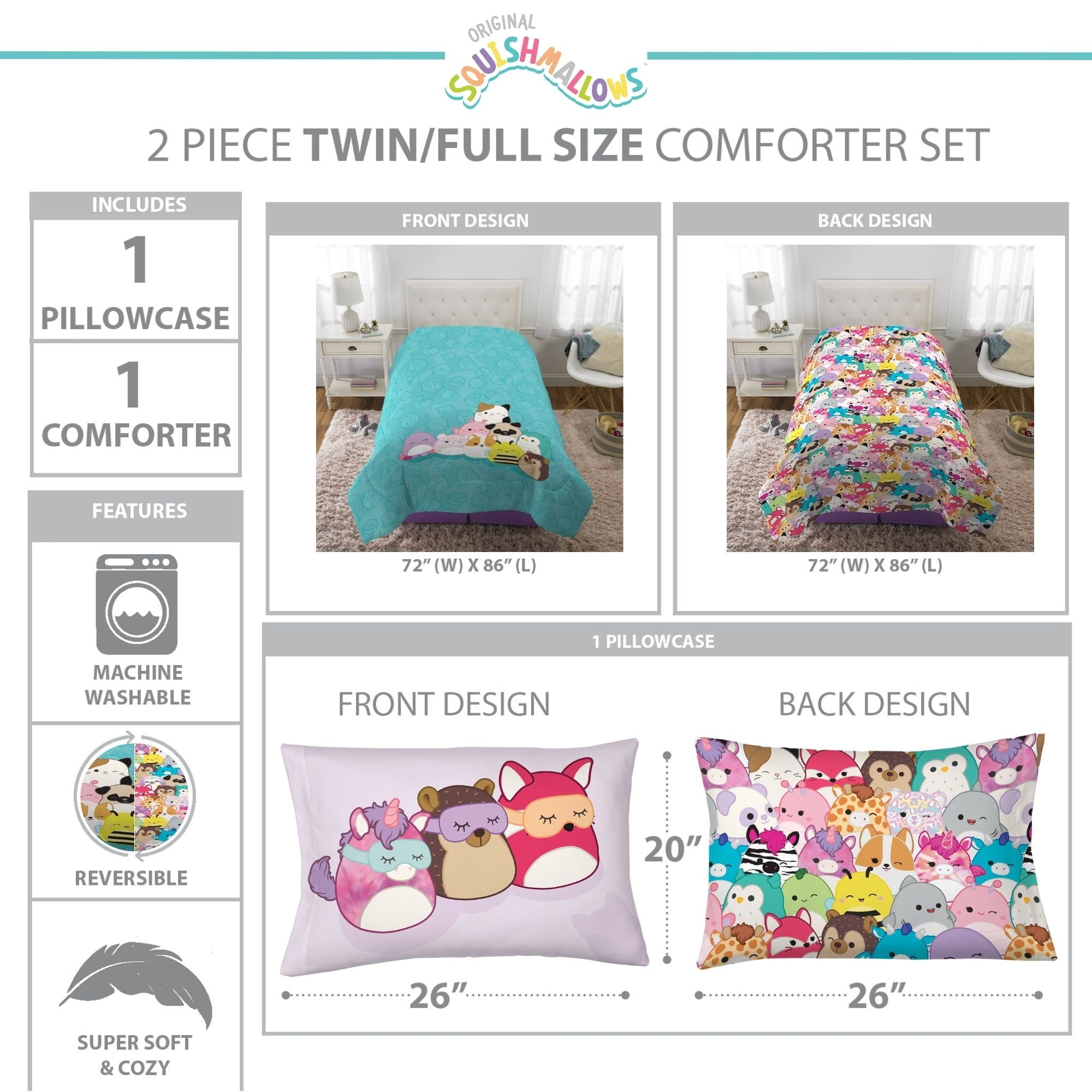Fluffy Down Alternative Squishmallows Kids 2 Piece Teal Blue Reversible Comforter and Pillowcase set, Twin/full - Hypoallergenic Ultra-Fluffy Quilt for Winter Detail