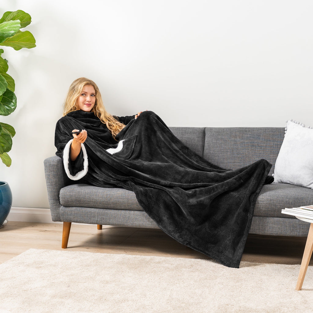 Decorative Knitted Fleece Blanket with Sleeves for Women Men Adults, Wearable Blanket Warm Soft Plush, Snuggle Pocket Sleeved TV Throw W... - Cozy Fleece Throw Blanket for Couch & Bed Detail