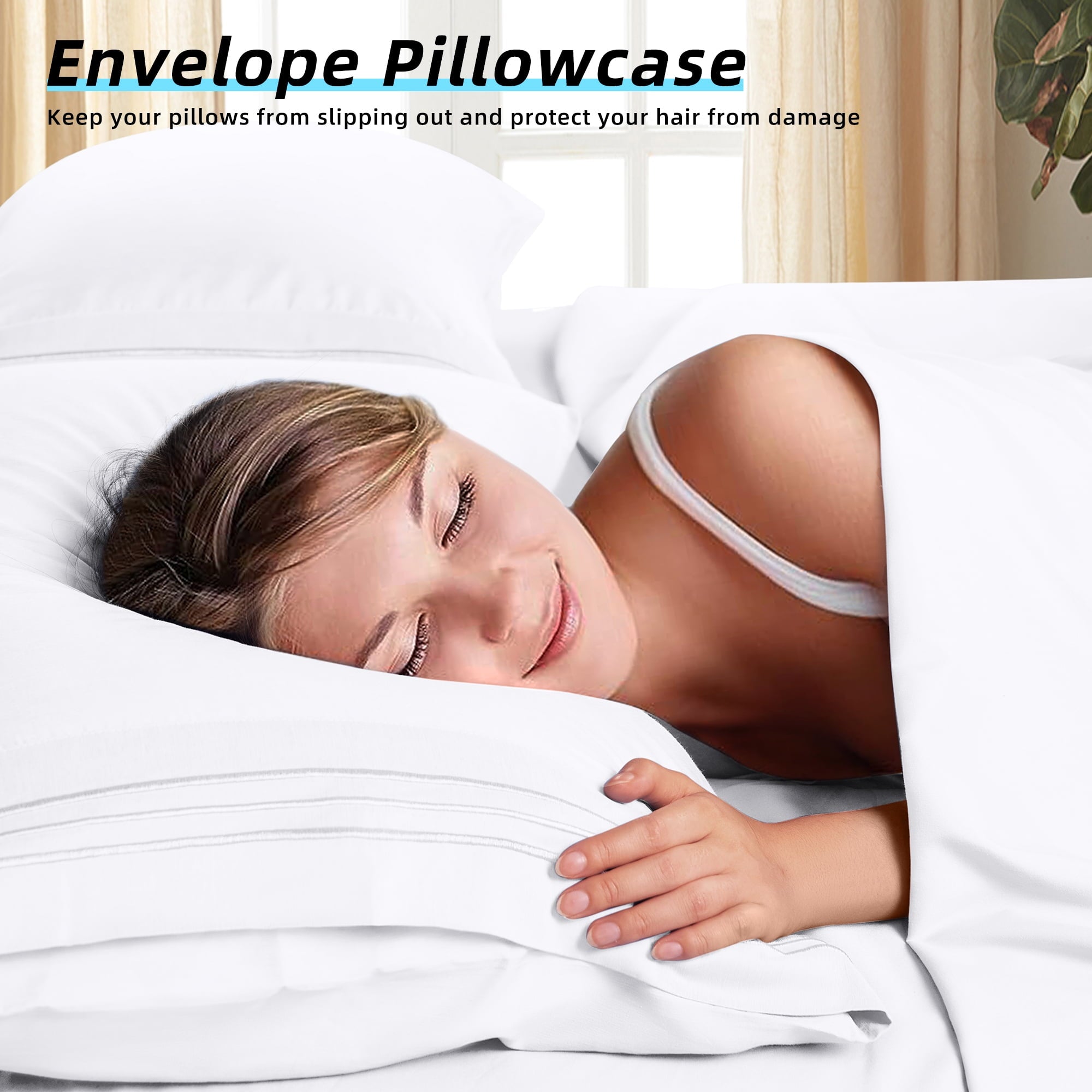 Cooling Sateen Bed Sheets Set, Microfiber Deep Pocket 4 Pieces Luxury Soft Sheet Set, Queen, White - Premium Ultra-Soft Pillowcase Pair for Sleeping Detail