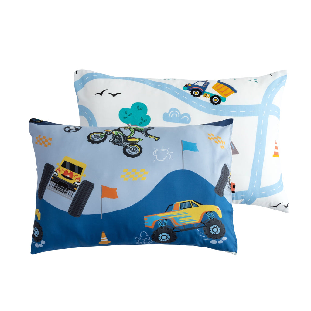 All-Season 3Pcs Reversible Construction Truck Twin Comforter Set for Boys Kids Excavator Vehicle Motorcycle Bedding Set Blue - Hypoallergenic Ultra-Fluffy Quilt for Winter Detail