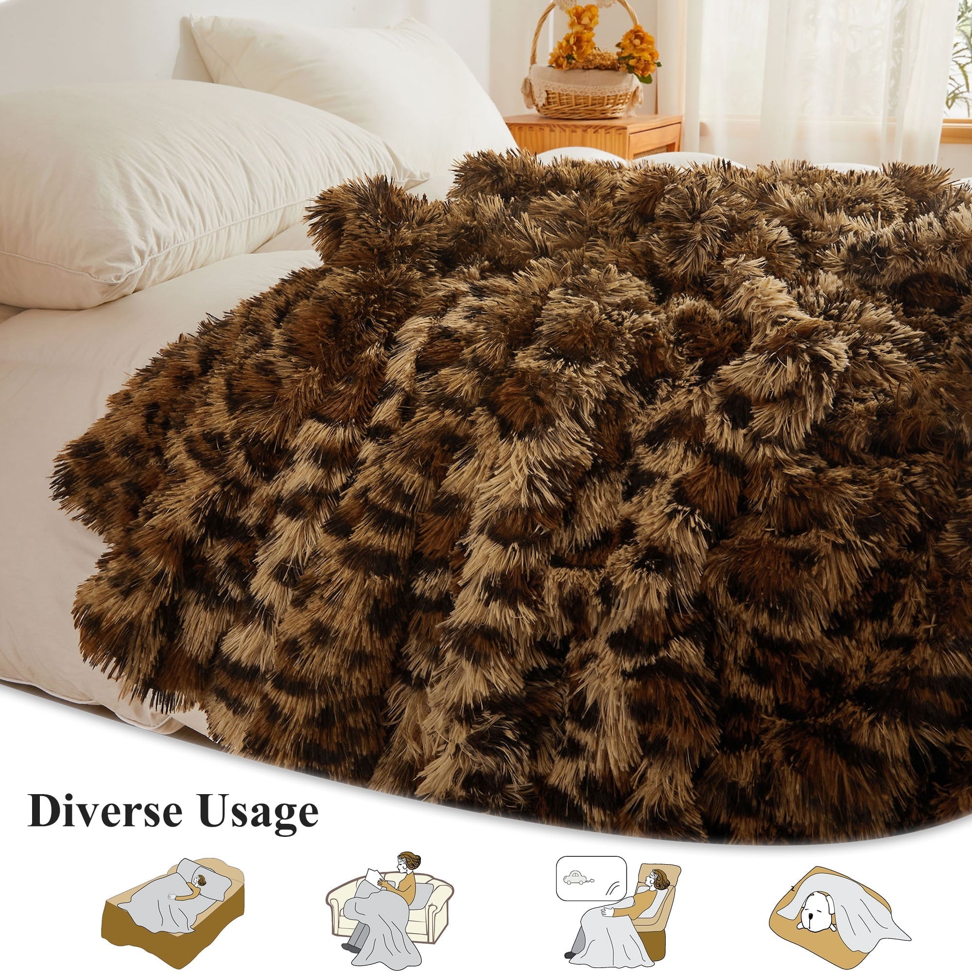 Reversible Sherpa Luxury Faux Fur Leopard Print Throw, Soft 50x60 Cheetah Print Fluffy Blanket, Shaggy Plush Decorative Couch Throw, Cu... - Lightweight Plush Warm Blanket for All Seasons Detail