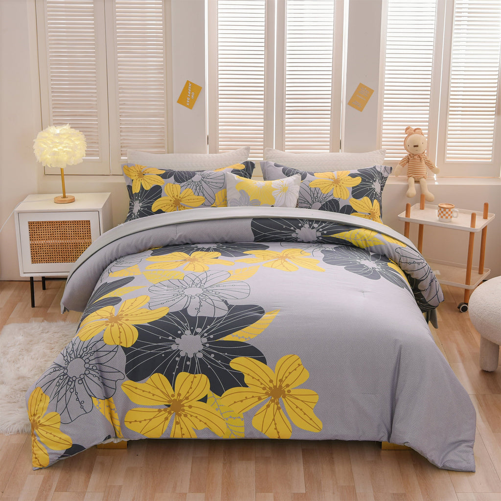 Fluffy Down Alternative Yellow Floral Comforter Set Queen Flower Bed Set Adult Soft Botanical Boho Bedding Set - Hypoallergenic Ultra-Fluffy Quilt for Winter Detail