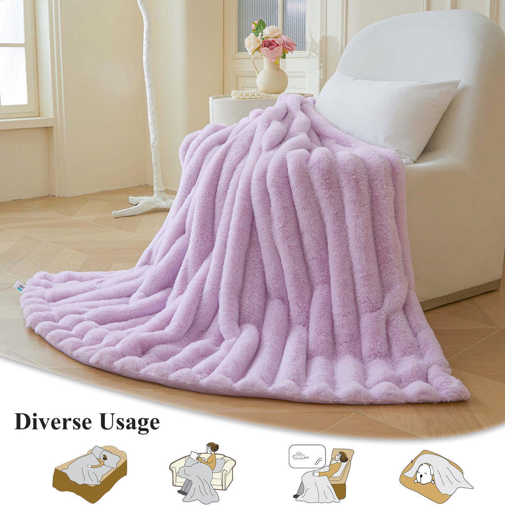 Cozy Fleece Fluffy Faux Rabbit Fur Throw, Cozy Wide Stripe Plush Fuzzy Blanket for Bed Couch Sofa Chair, Light Purple Shaggy Thro... - Super Soft Reversible Sherpa Flannel Blanket Detail