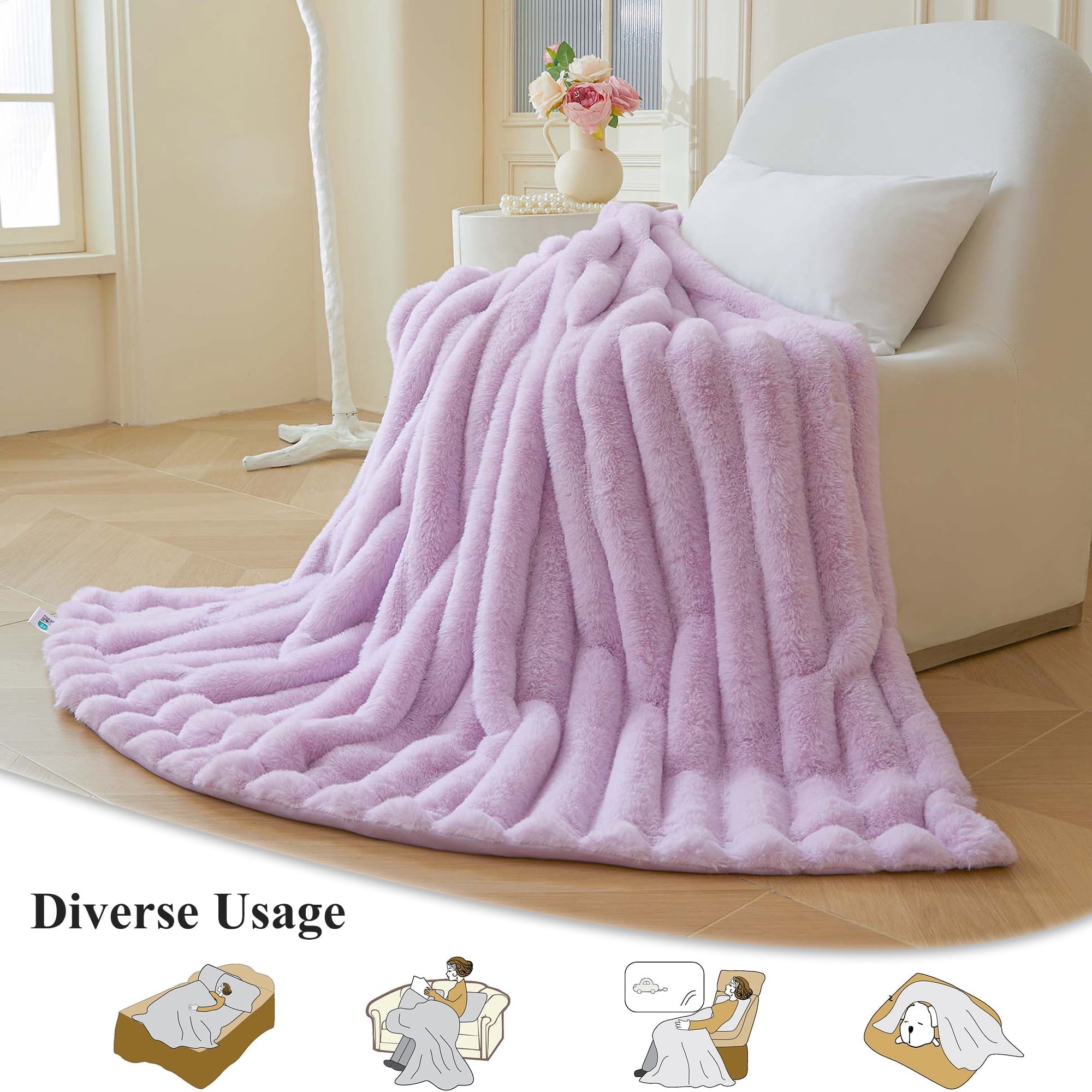 Cozy Fleece Fluffy Faux Rabbit Fur Throw, Cozy Wide Stripe Plush Fuzzy Blanket for Bed Couch Sofa Chair, Light Purple Shaggy Thro... - Super Soft Reversible Sherpa Flannel Blanket Detail