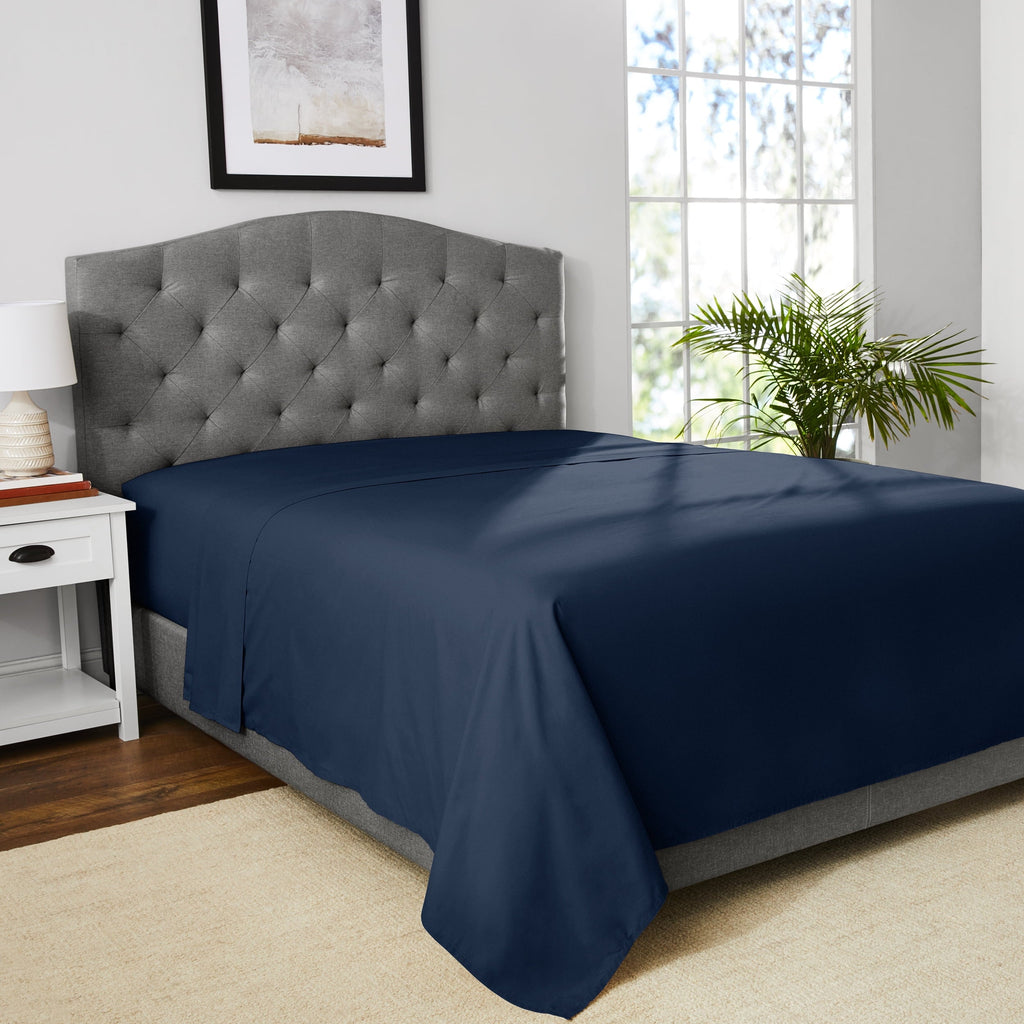 Wrinkle-Resistant 300 Thread Count Easy Care Blue Cove Cotton Blend Percale Flat Bed Sheet, King - Luxury Bed Sheet Set with Deep Pockets Detail