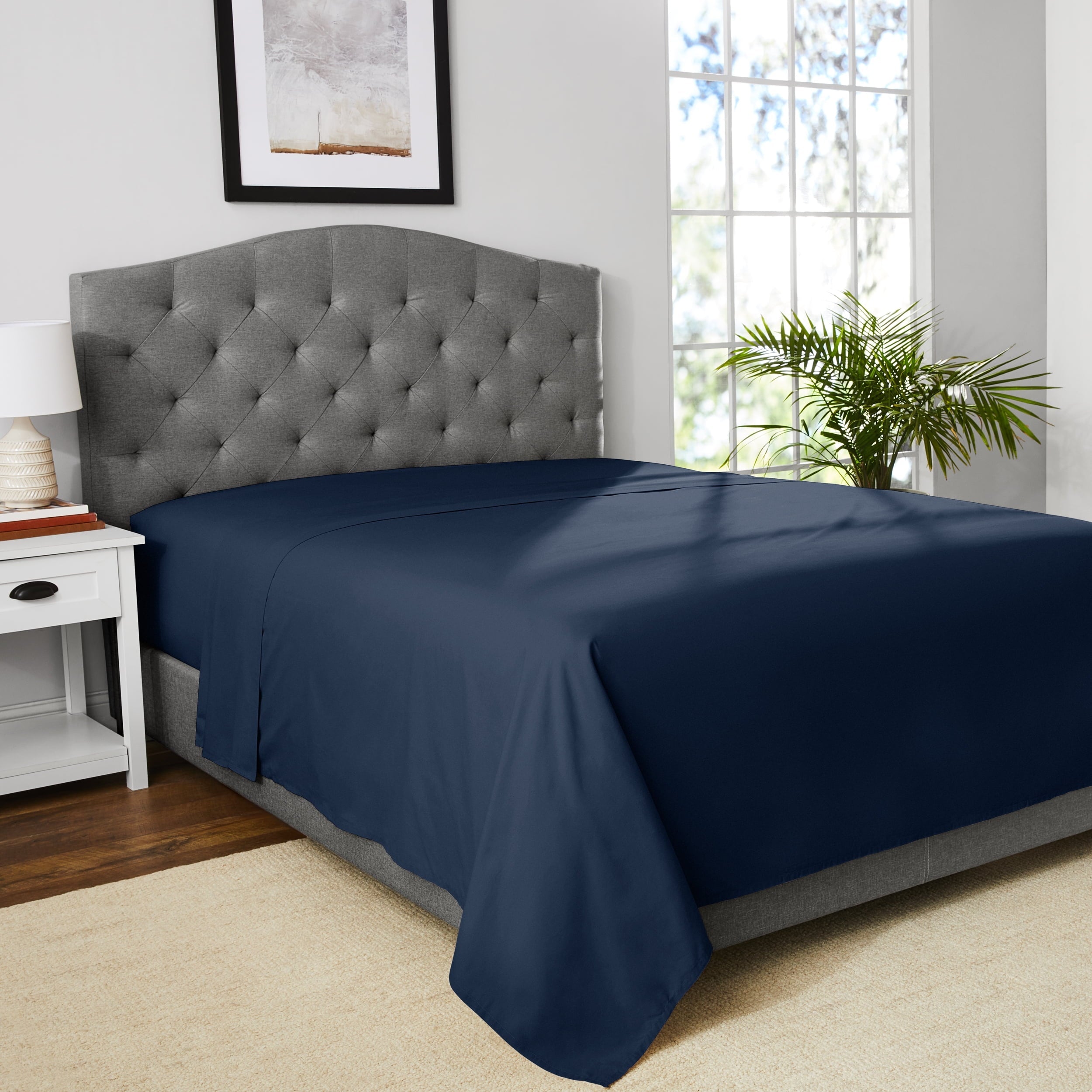 Wrinkle-Resistant 300 Thread Count Easy Care Blue Cove Cotton Blend Percale Flat Bed Sheet, King - Luxury Bed Sheet Set with Deep Pockets Detail
