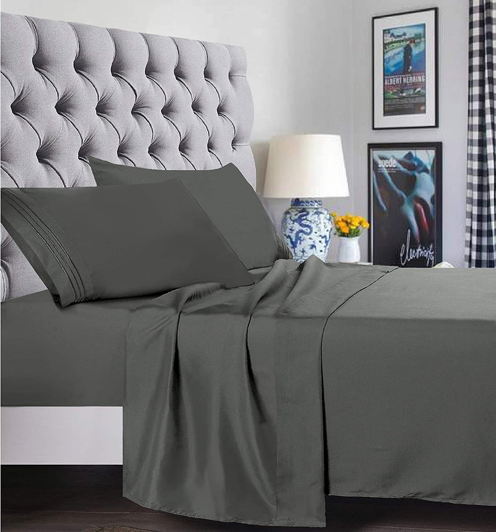 Premium Egyptian Cotton 4 Pieces Bed Sheet set Flat,Fitted,Pillowcase , Queen Grey - Cooling Hotel Quality Bedding Sheets and Pillowcases Detail