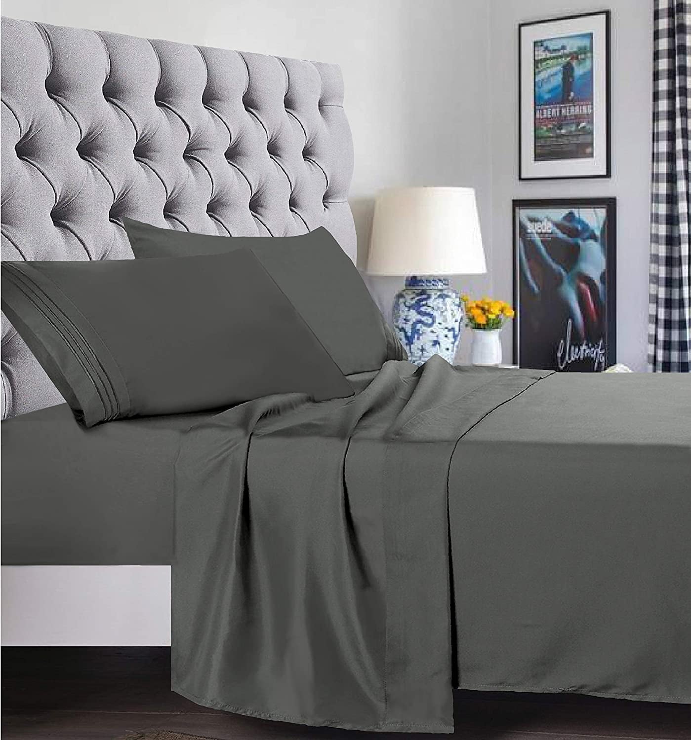 Premium Egyptian Cotton 4 Pieces Bed Sheet set Flat,Fitted,Pillowcase , Queen Grey - Cooling Hotel Quality Bedding Sheets and Pillowcases Detail