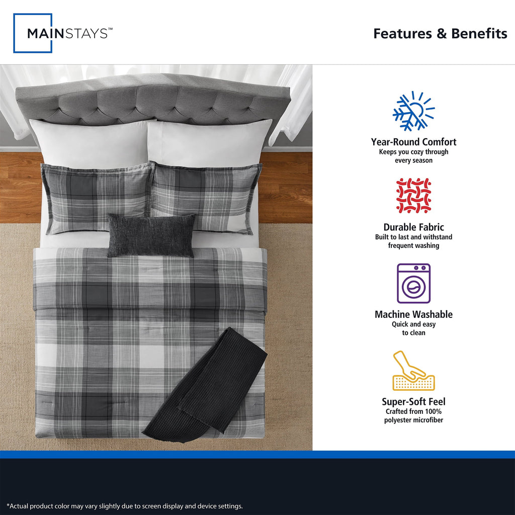 Heavyweight Warmth Full/Queen Comforter Set, All-Season, 5-Piece, Grey Plaid - Cloud-Like Soft Lightweight Bed Comforter Detail