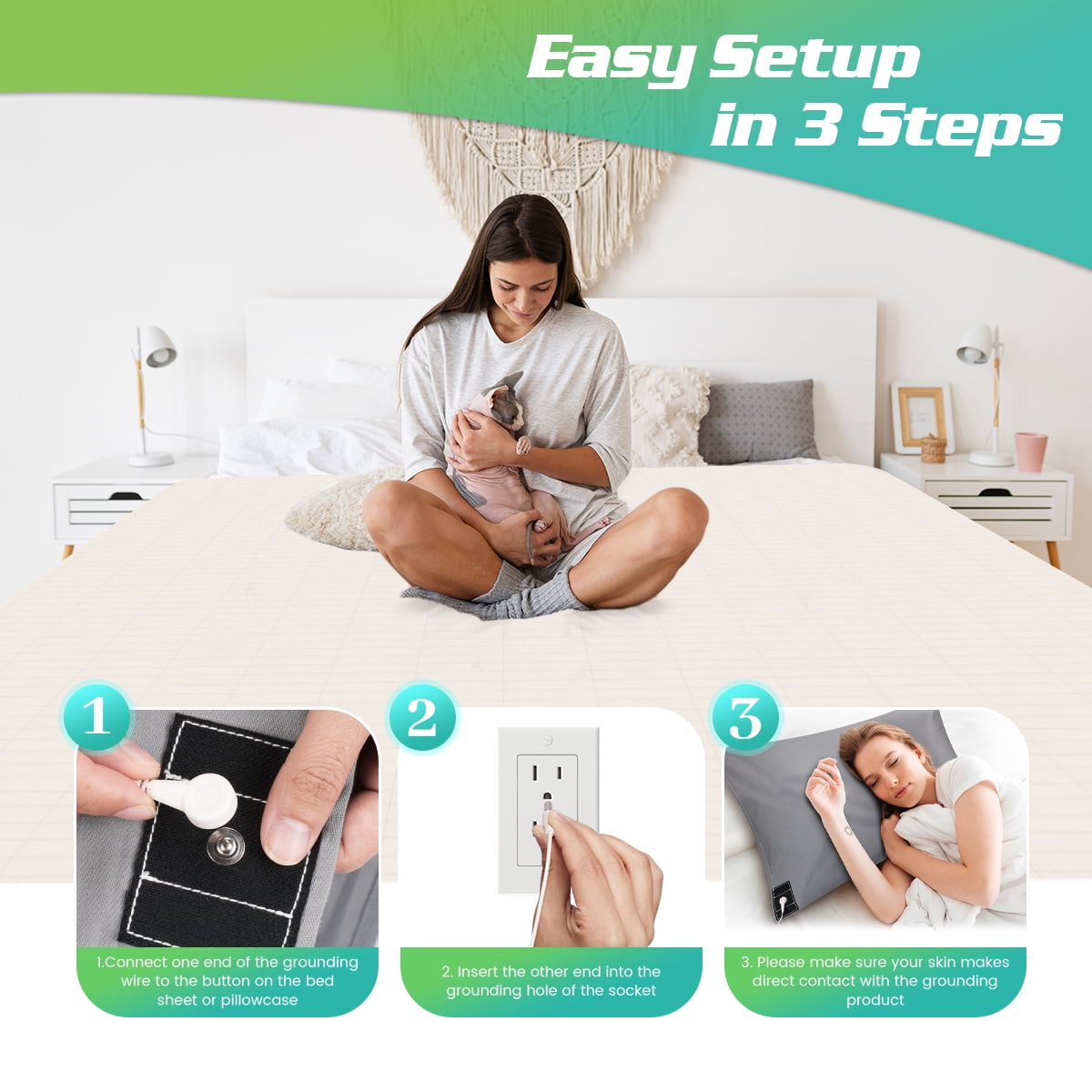 Breathable Luxury Conductive Grounding Bed Sheets for Better Sleep with 15ft Cord 10% Pure Silver Fiber 27x52in Gray - Premium Ultra-Soft Pillowcase Pair for Sleeping Detail
