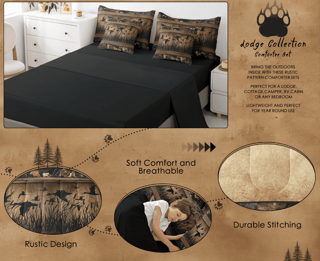 All-Season 7 Piece Camo Mallard Duck Comforter Set With Sheets Men Rustic Farmhouse Cabin Bed In A Bag Full,Hunting Woodland Duc... - Luxurious Quilted Duvet Cover Set Detail