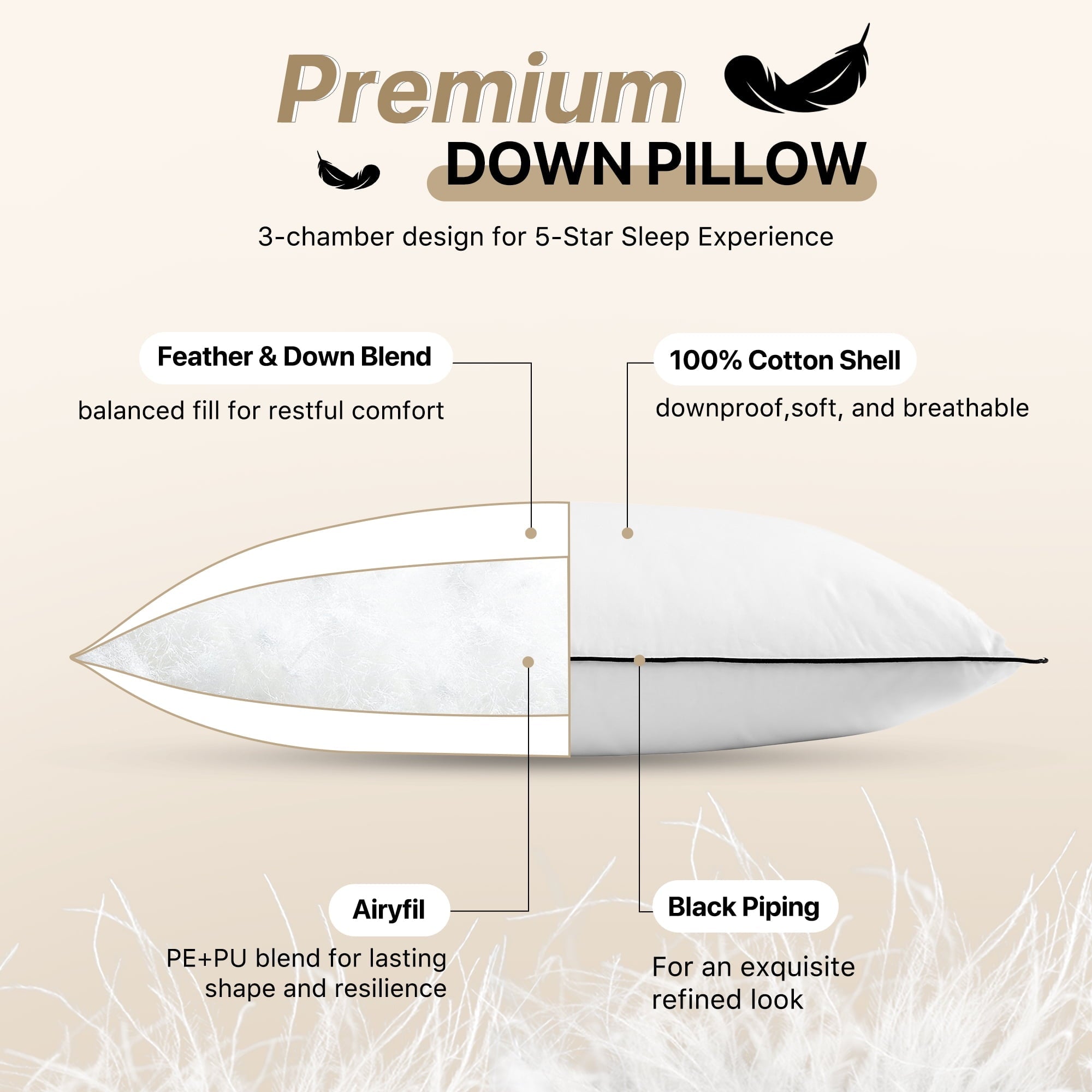 Decorative Plump Feather Down Pillows Set of 2, Medium Firm Hotel Bed Pillow 2 Pack, Queen Size, 20 x 30 in. - Ergonomic Memory Foam Pillow for Neck Pain Support Detail